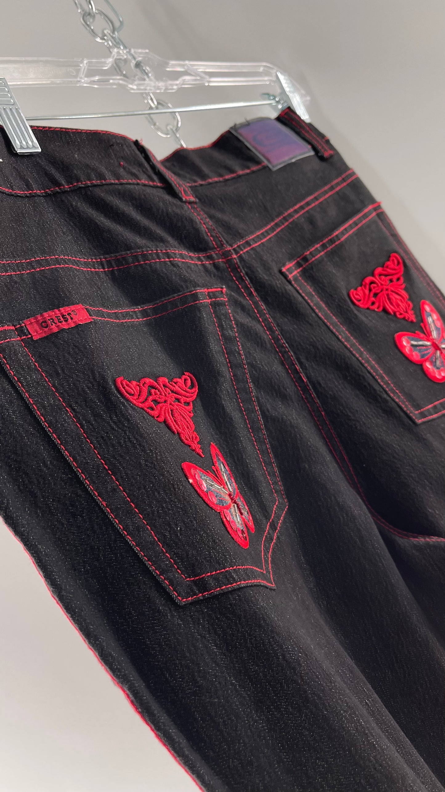 Rare Vintage Black Crest Jeans with Red Contrast Stitching and Butterfly Embroidery on Thigh and Back Pockets (14)