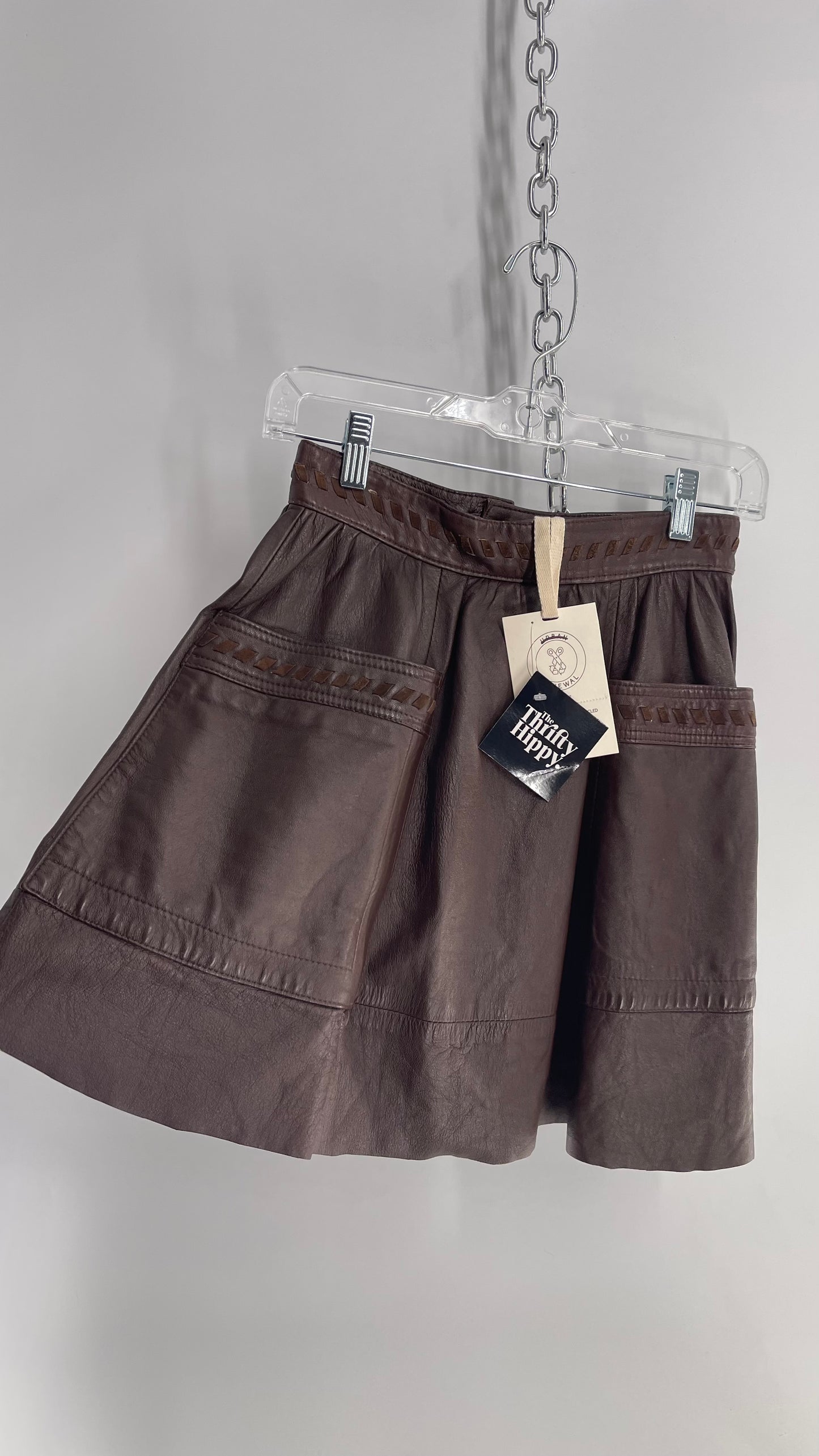 Urban Outfitters Renewal Brown Leather Pocket Front Suede Stitch Mini Skirt with Tags Attached (XS)