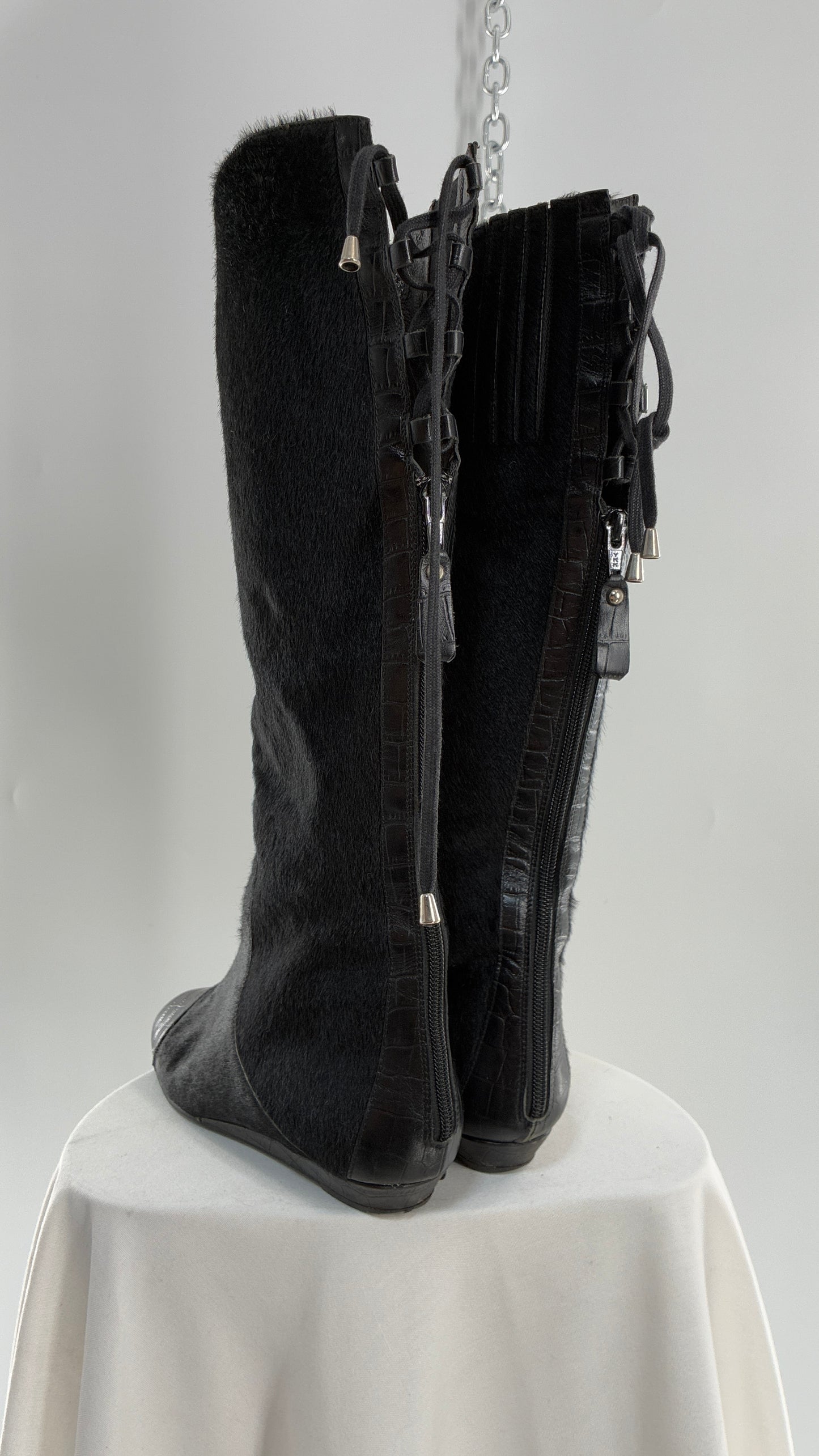 Vintage MIGLIORINI Black Genuine Calf Hair/Fur Boots with Heel, Made in Italy (7.5)