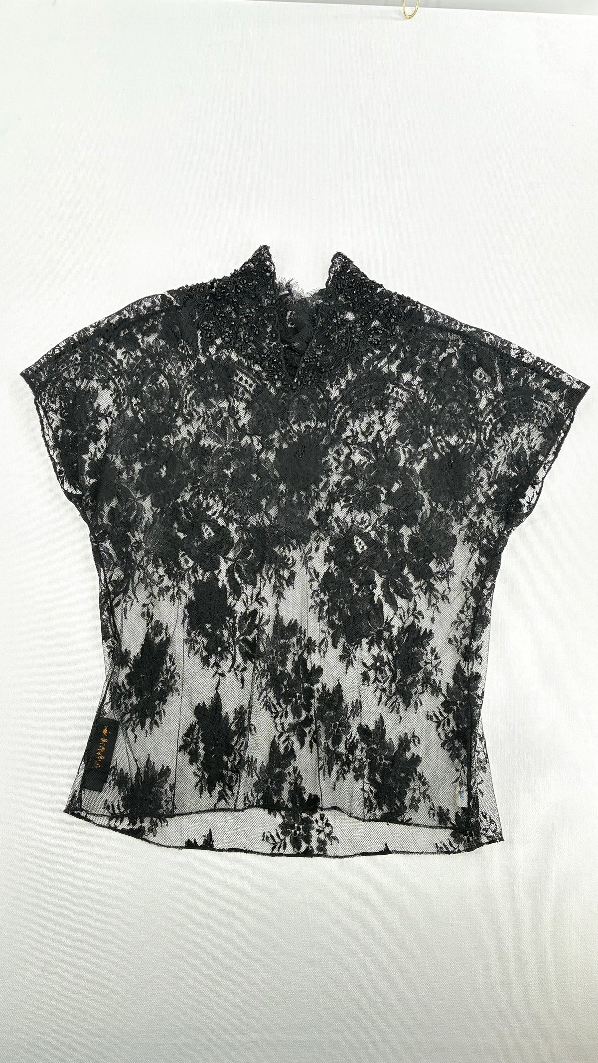 Vintage DONNA KARAN New York Ombré Floral Lace Mock Neck Beaded Blouse (6)