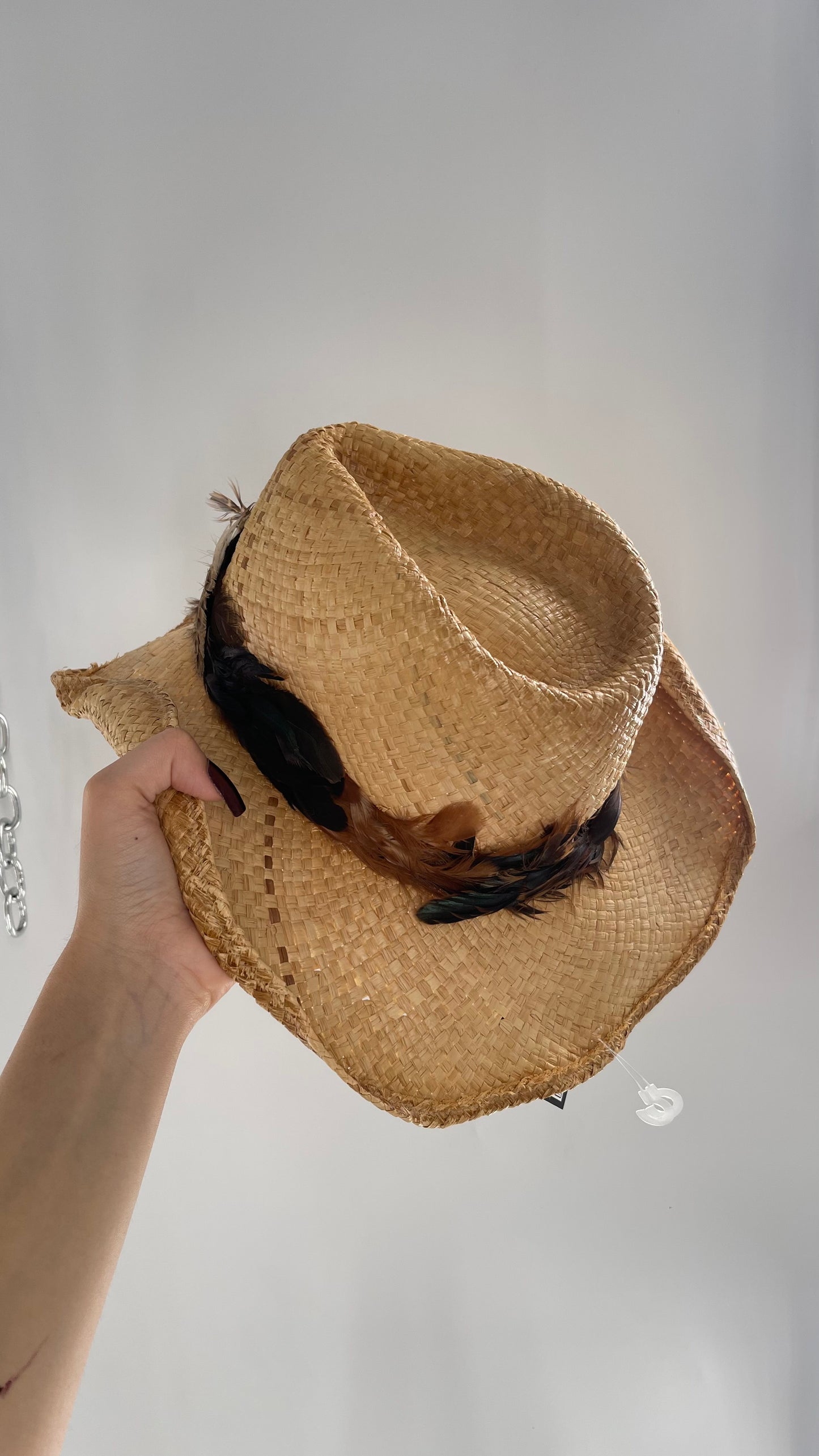 Vintage Straw Hat with Feather Band