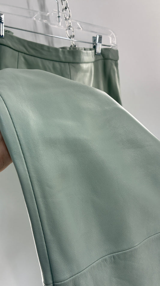 Vintage TERRY LEWIS Classic Luxuries Muted Seafoam, Genuine Leather Trousers with Silky Soft, Satin Lining (16P)