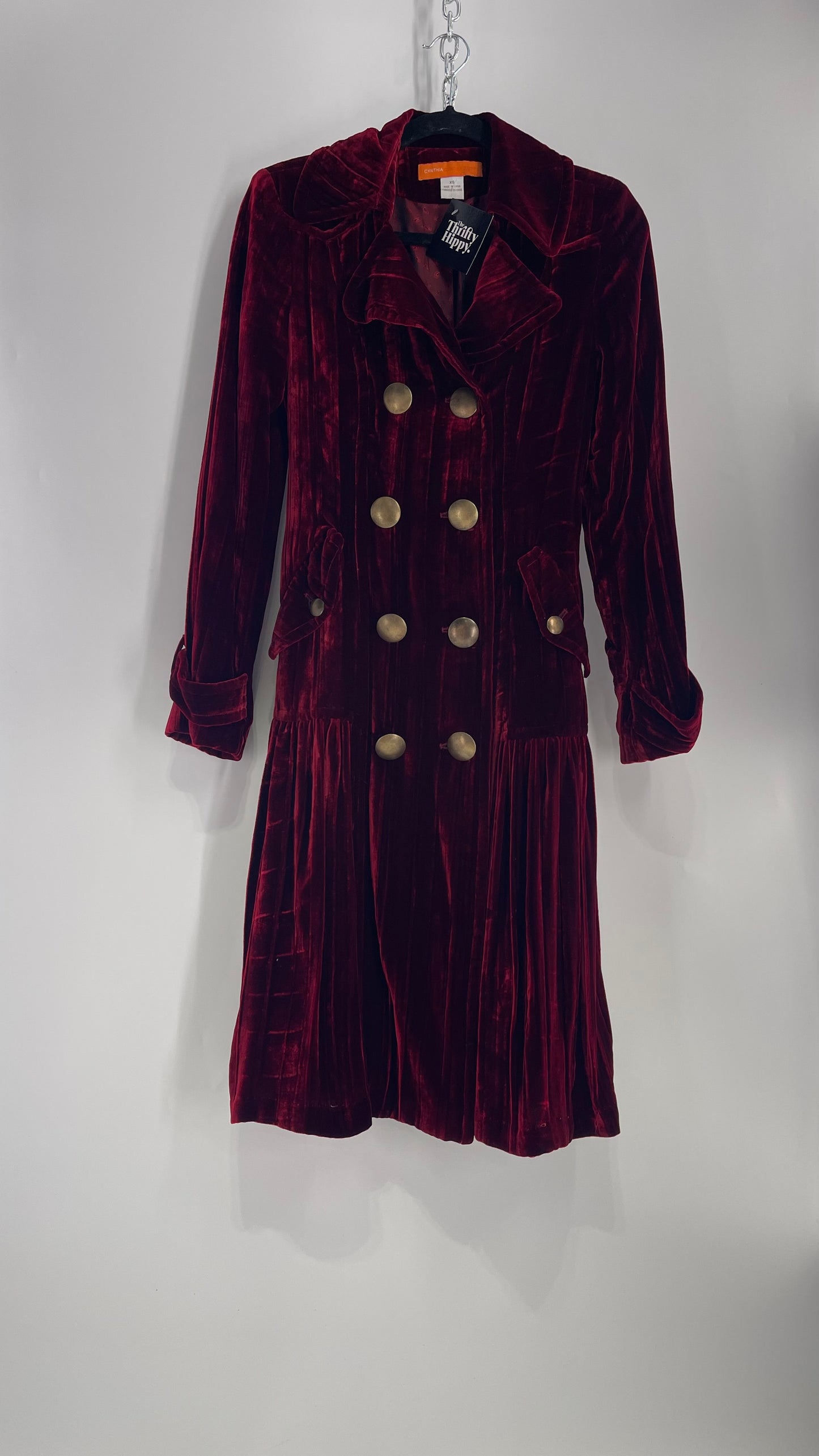 Cynthia Steffe Oxblood Red Velvet Double Breasted Gold Button Coat (XS)