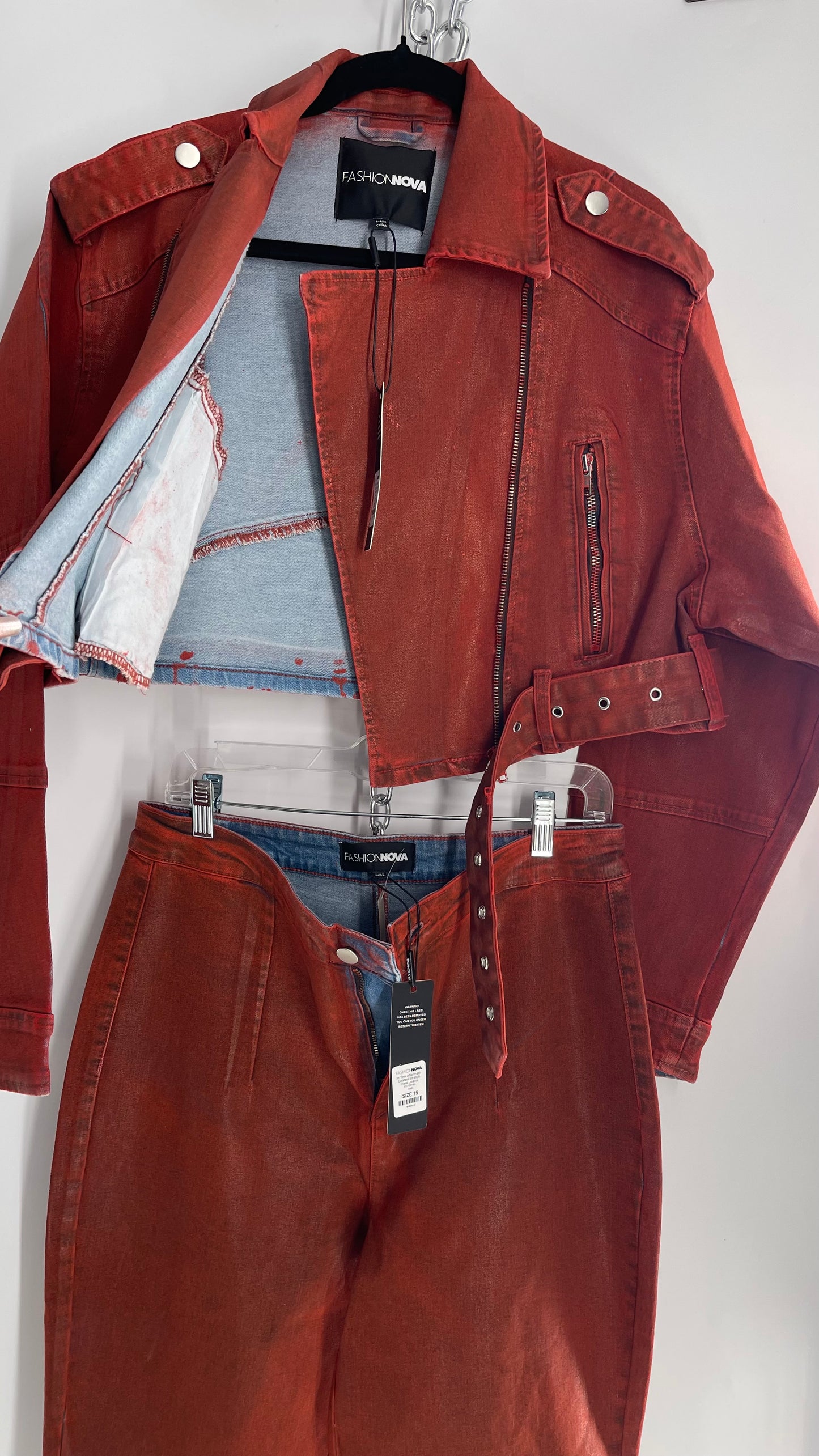 Fashion Nova Red Waxed Denim Cropped Motorcycle Jacket with Flared Jean Set and Tags Attached (XL/15)
