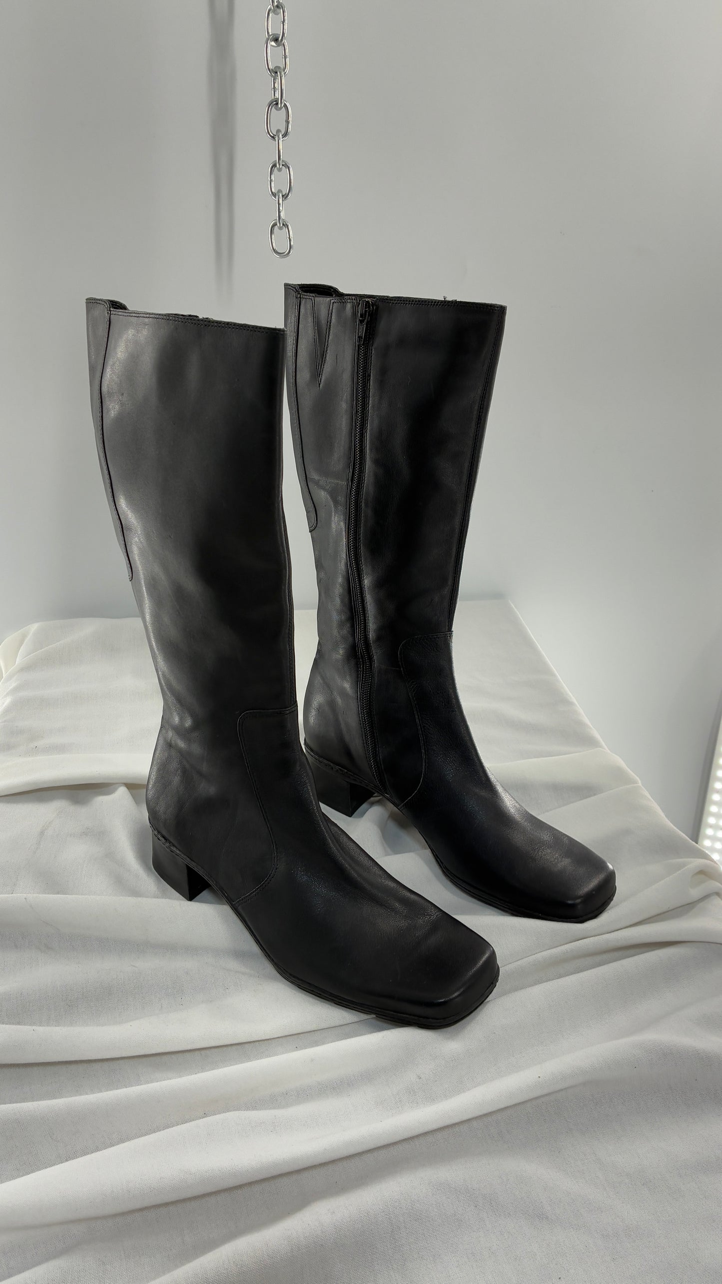 Vintage Bandolino Genuine Leather Black Square Toe Knee High Boots (9.5)