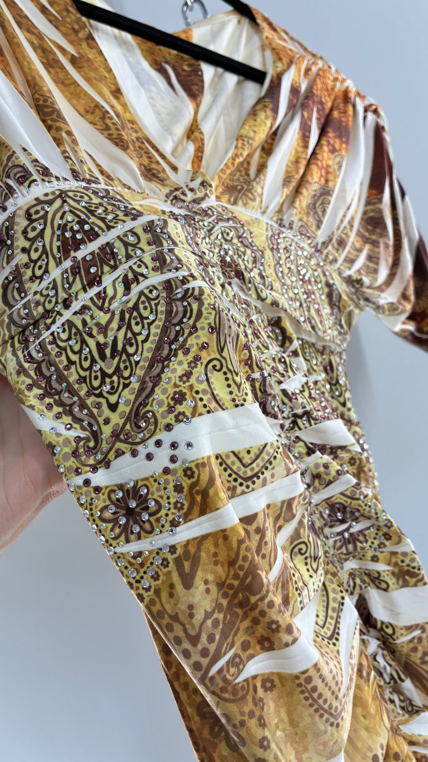 Vintage Bodycon Gold Graphic Mini Dress with Rhinestones (Small)
