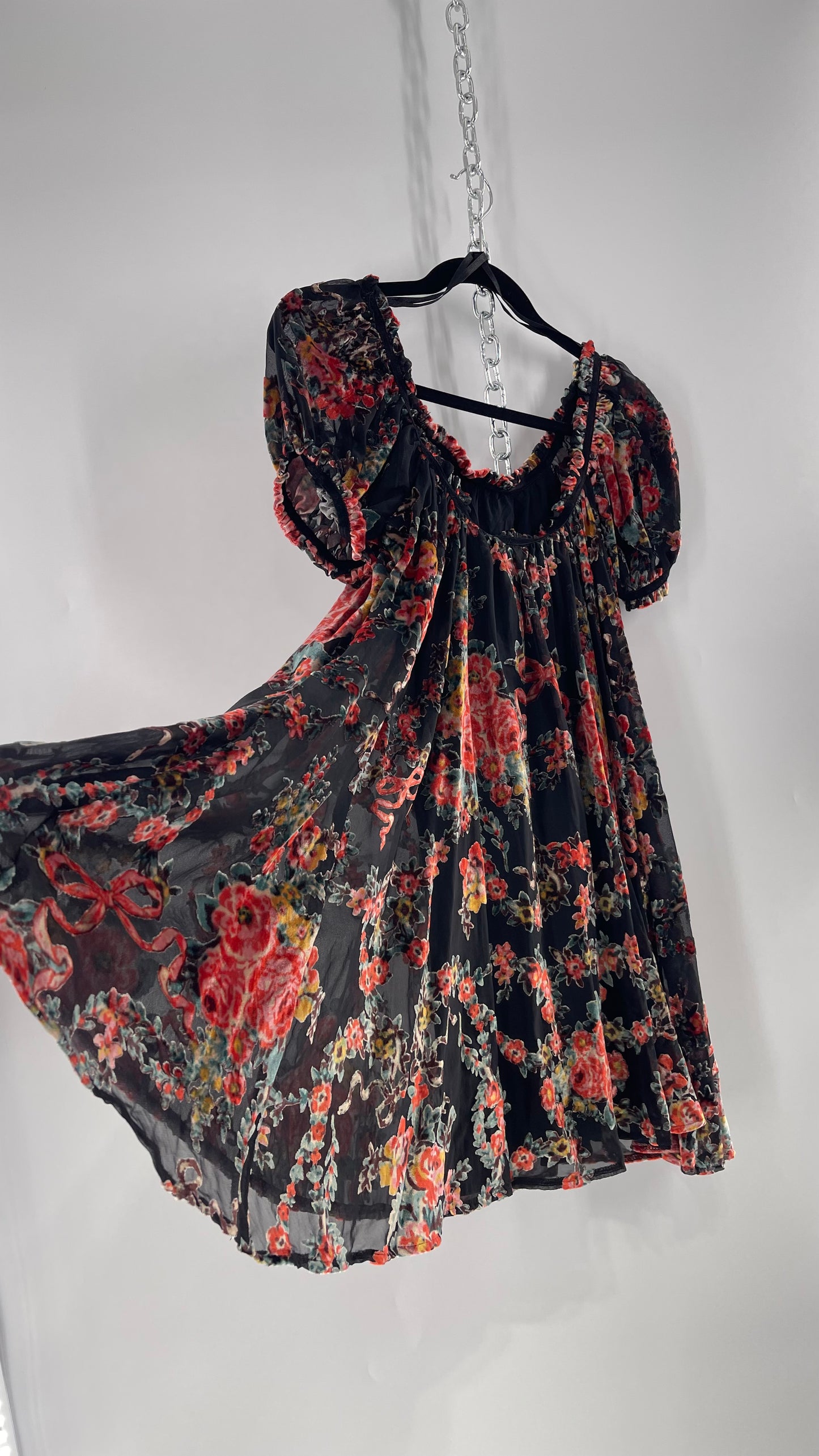 Free People Beautiful Blooms Velvet Florals Babydoll Dress (Small)