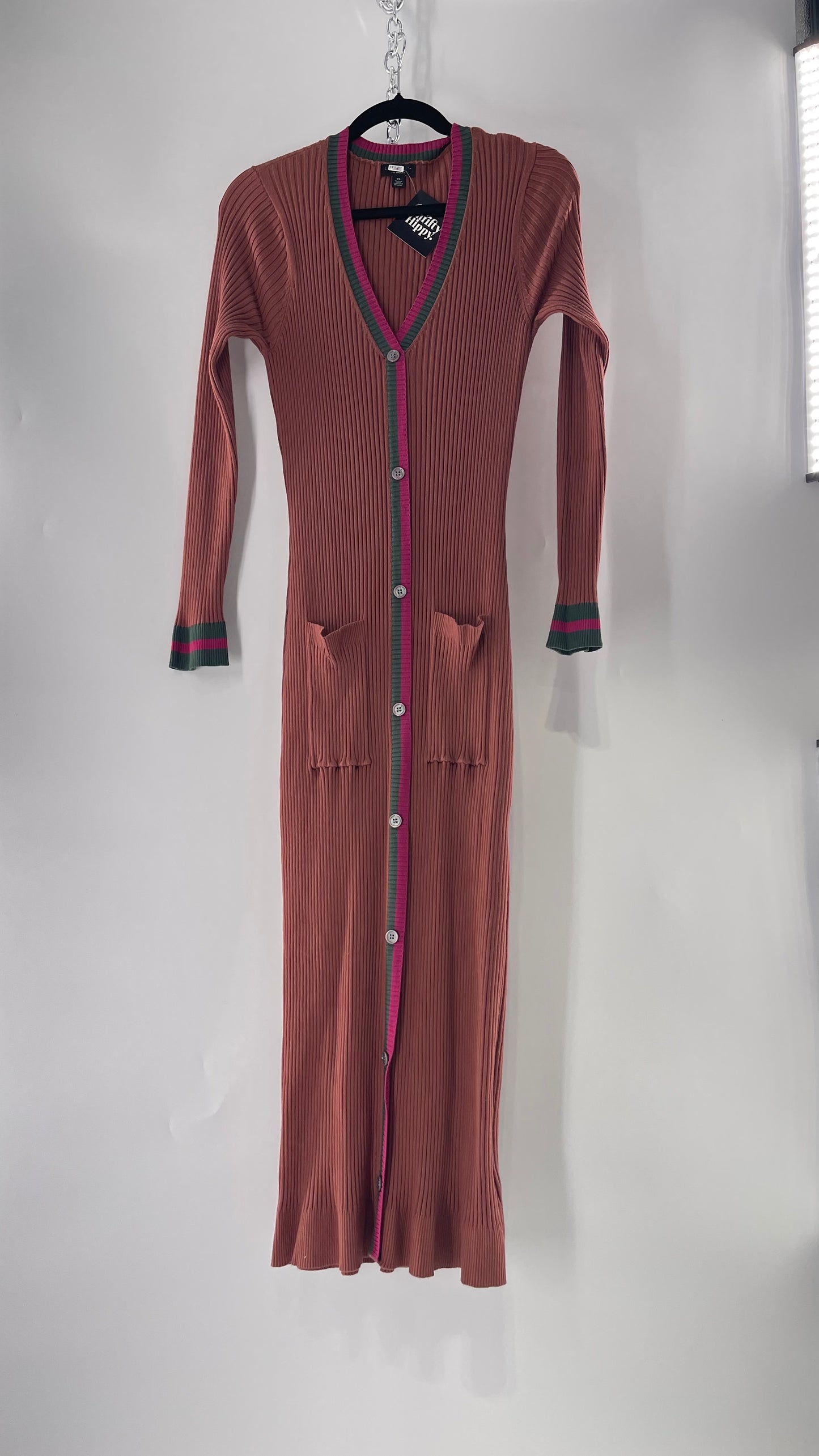 Current Air Los Angeles Brown Ribbed Knit Long Sleeve Button Front Dress with Fuchsia and Forest Green Striping (XS)