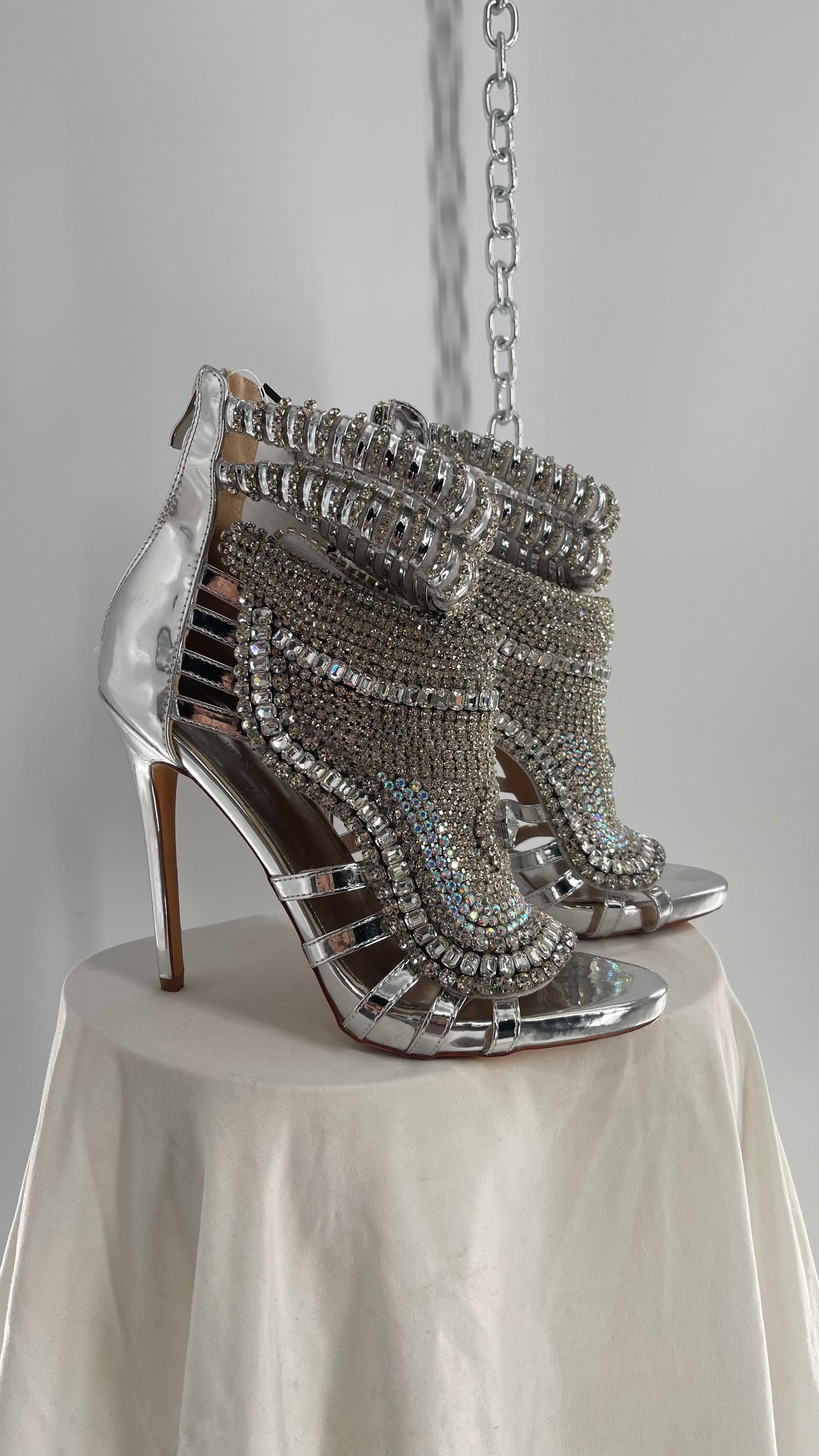 AZALEA WANG Platinum Silver Pusher Crystal Rhinestone Embellished Heel with Ankle Straps (10)