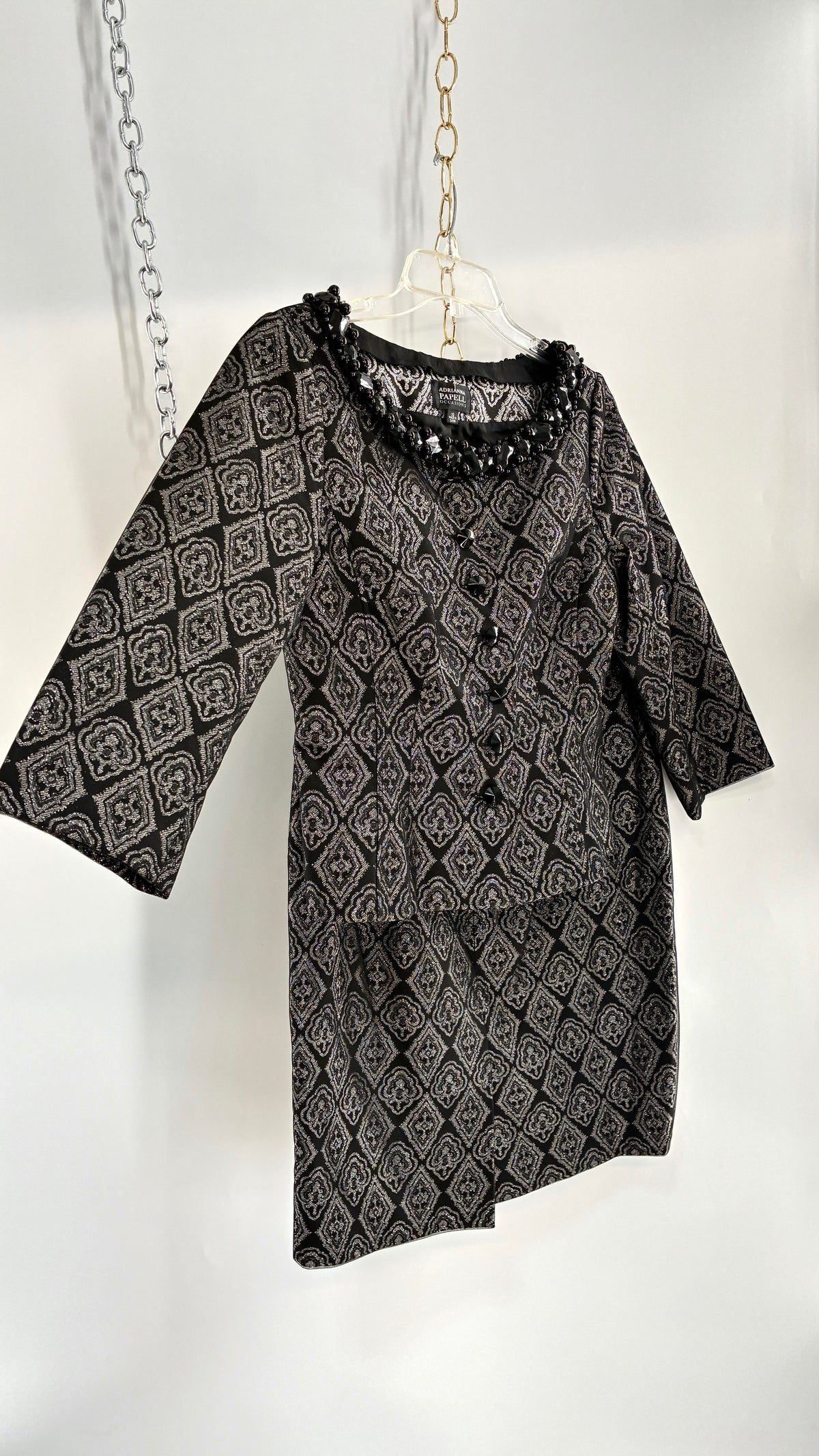 Vintage ADRIANNA PAPPELL Set with Brocade Underlay, Black Mesh Overlay, Waist Snatch, and Mini Skirt (10,8)