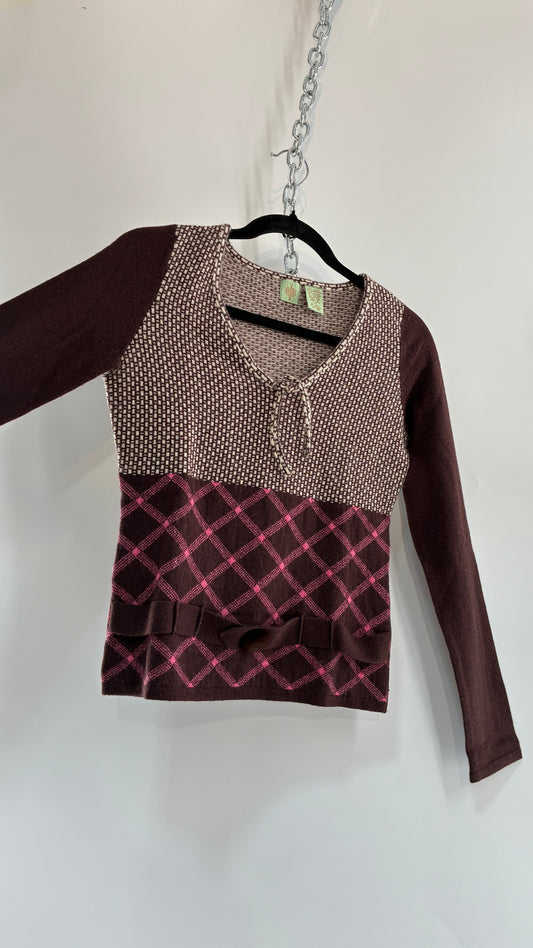 Vintage ANTHROPOLOGIE Lambswool, Rabbit and Cashmere Blend Brown Knit Long Sleeve with Belted, Buttoned Detail (XS)