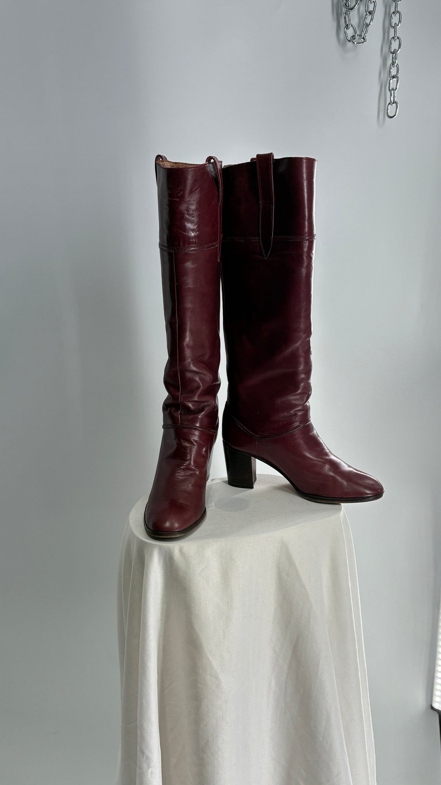 Vintage Red Leather Round Toe Knee High Boots Made in Spain Boots (38)