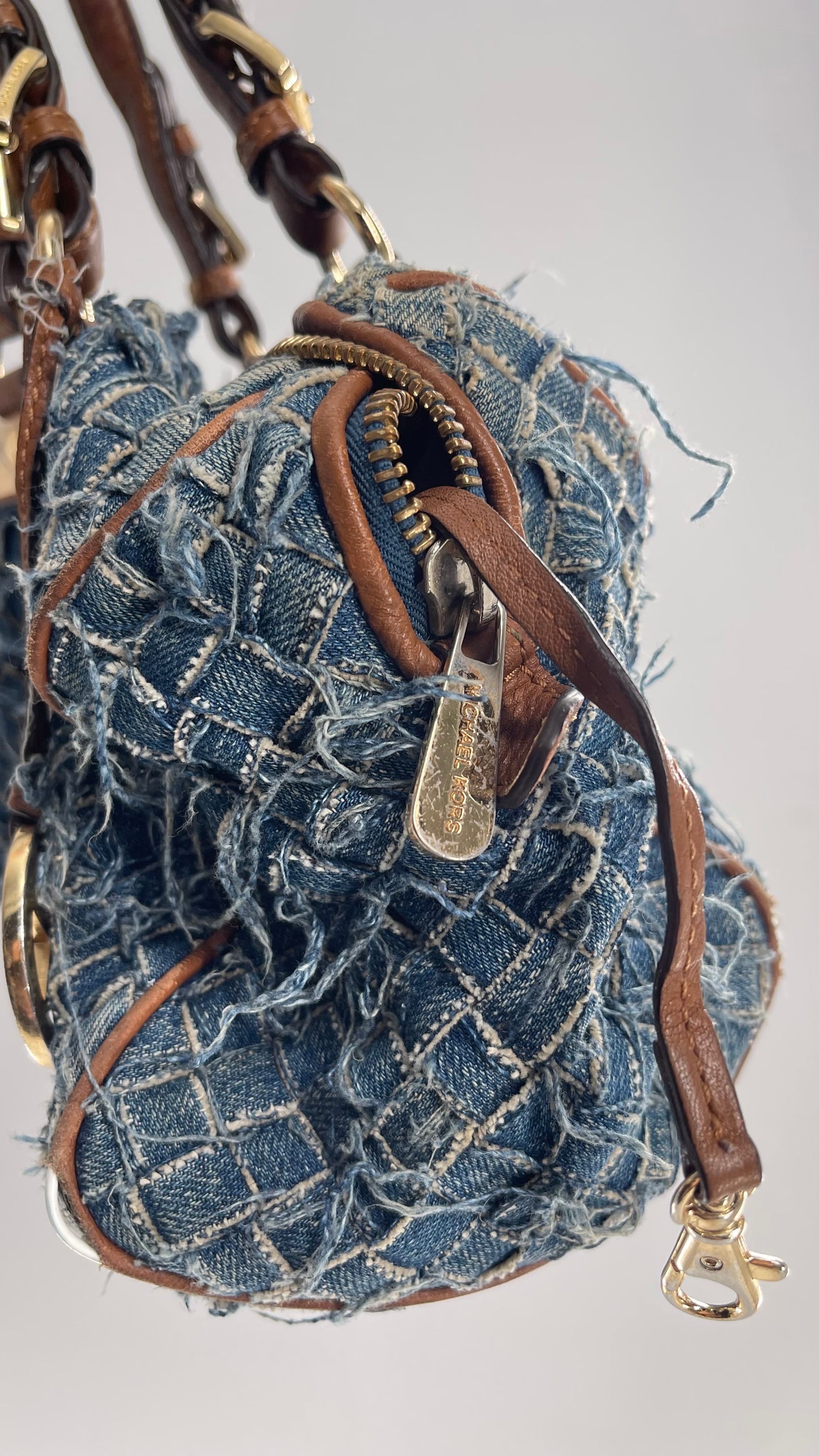 Vintage Michael Kors Woven Distressed Denim Bag with Leather Straps and Gold Hardware