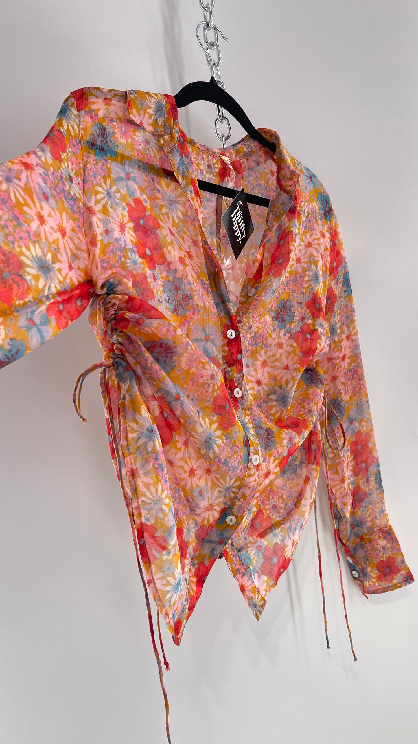 Free People Sheer Orange Floral Button Up with Ruched Sides (XS)