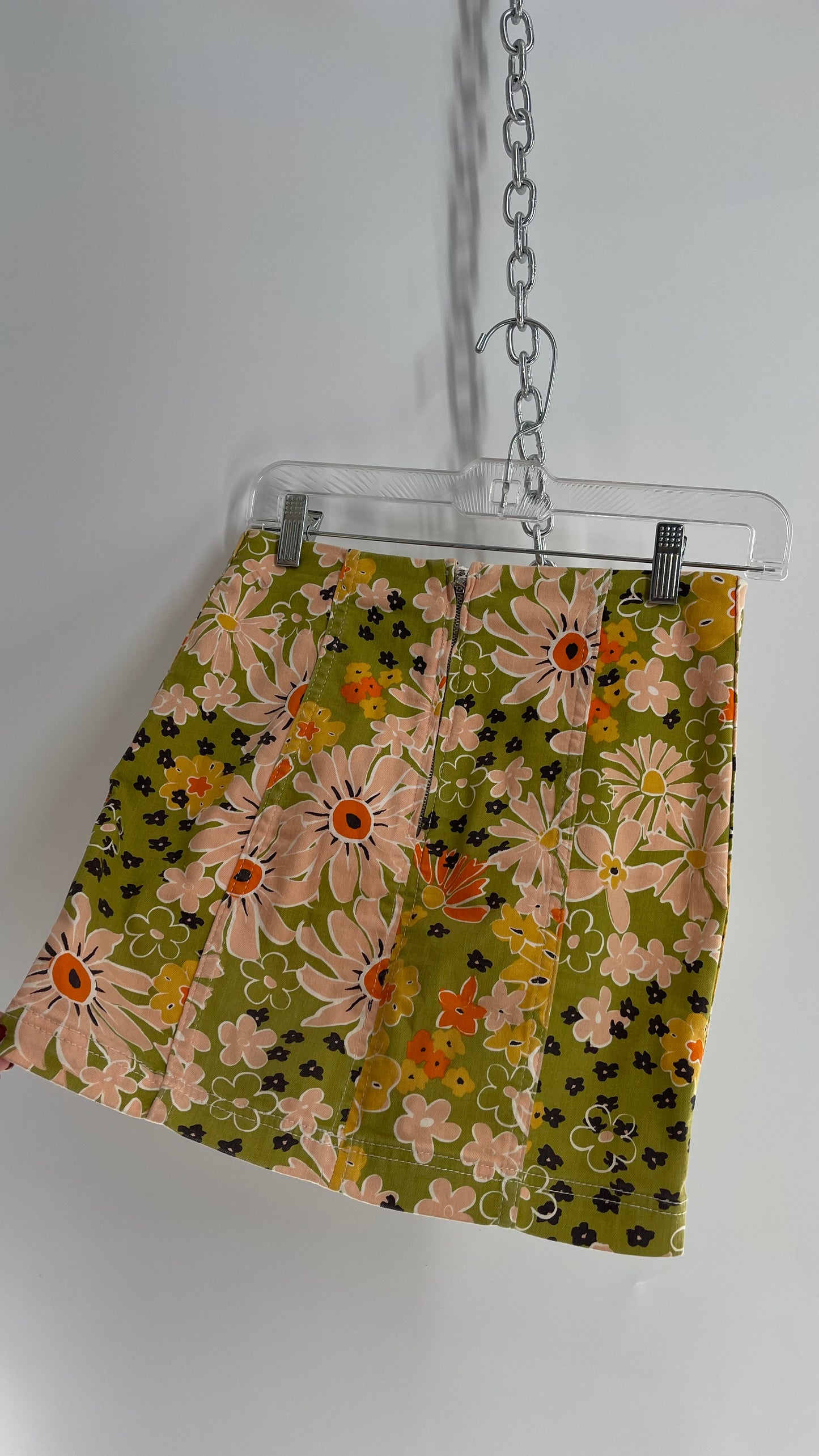 Free People Green Canvas Mini Skirt with 70s Style Floral Pattern (0)