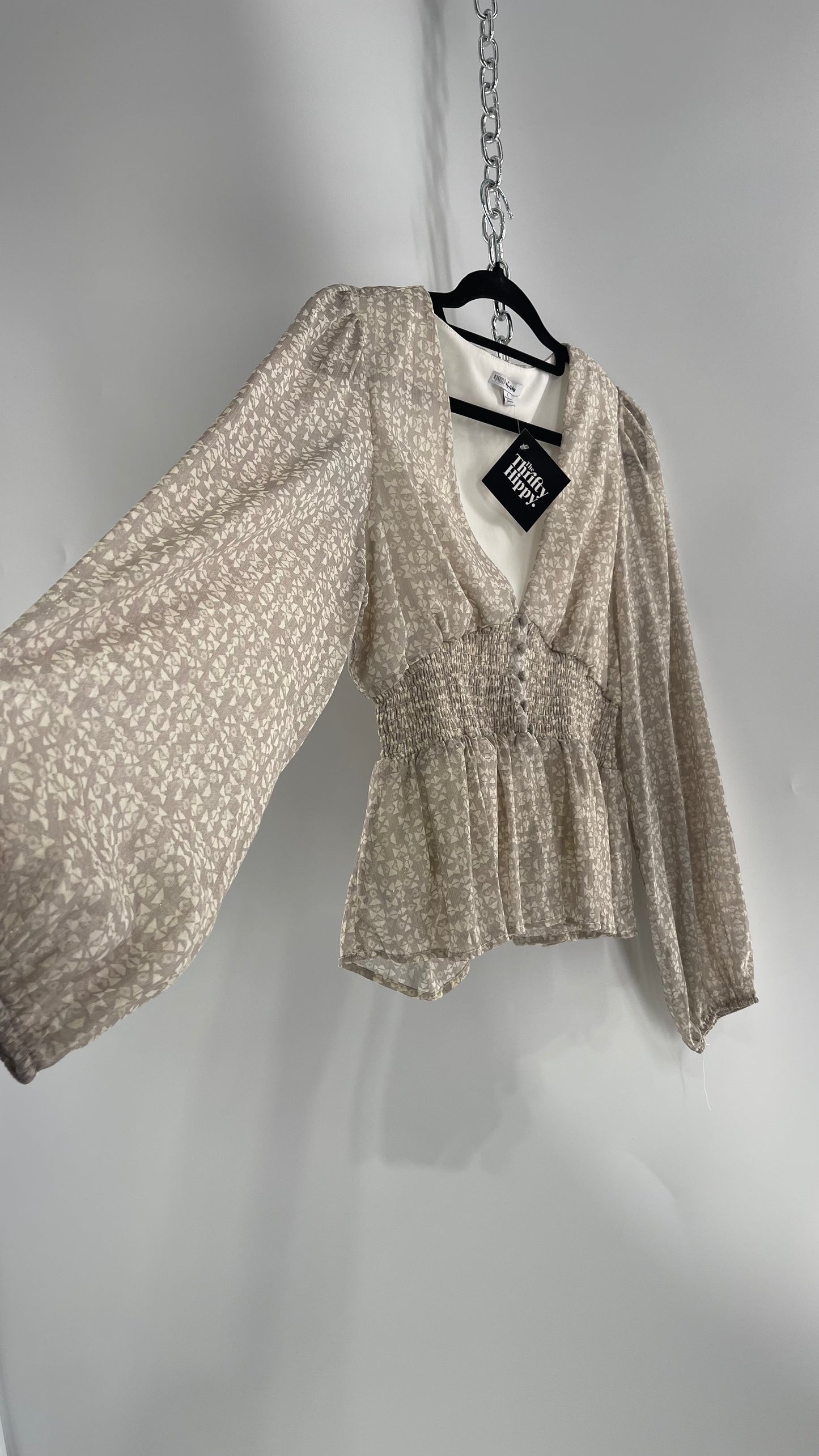 Anthropologie Light Gray Glitter/Shimmer Balloon Sleeve, Smocked Waist, Button Front Blouse (Large)