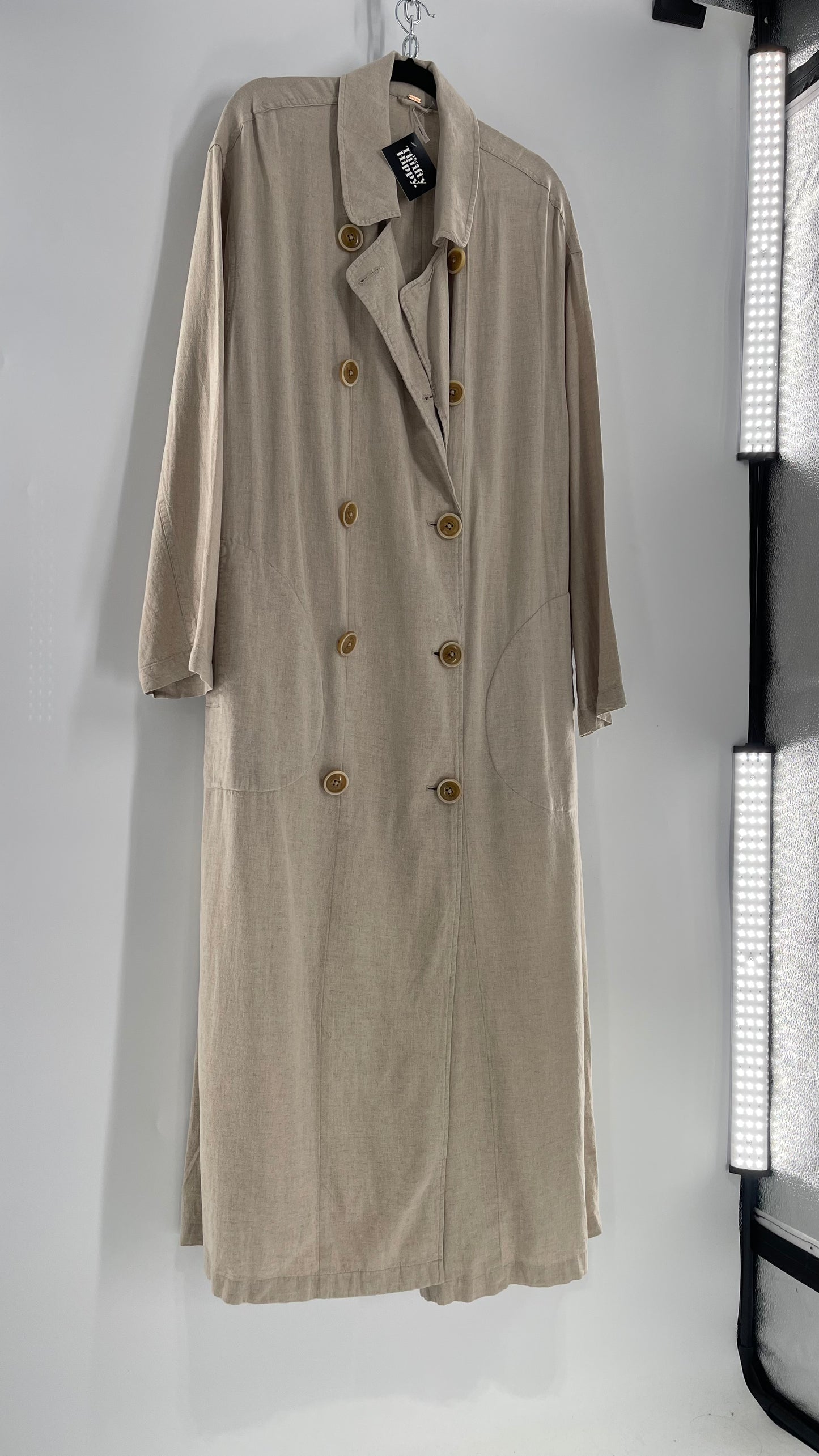 Free People Double Breasted Beige Linen Trench Coat with Brown Buttons and Tags Attached