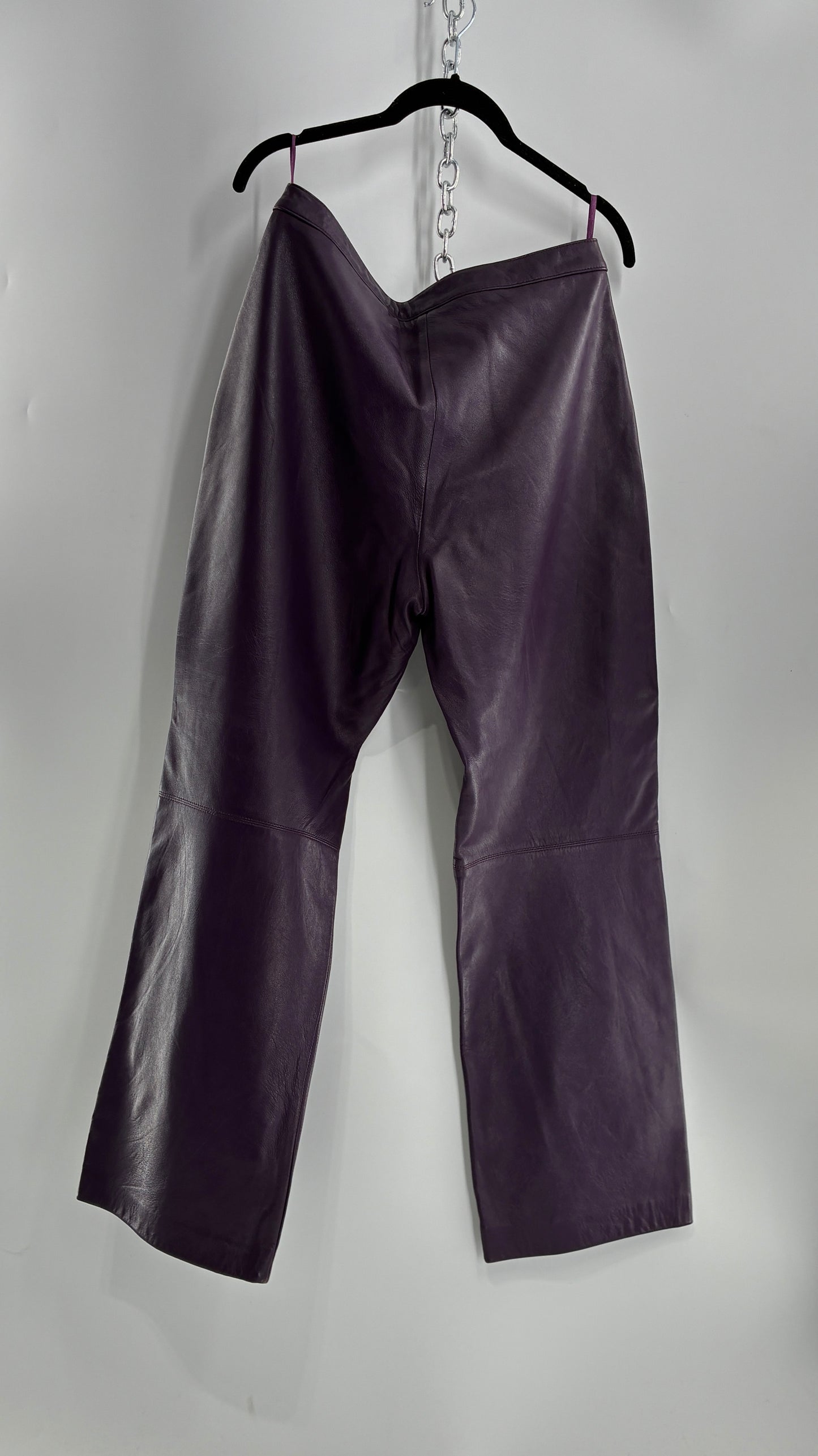 Vintage SHIN CHOI Genuine Italian Leather Purple Side Closure Low Rise Pants (12)