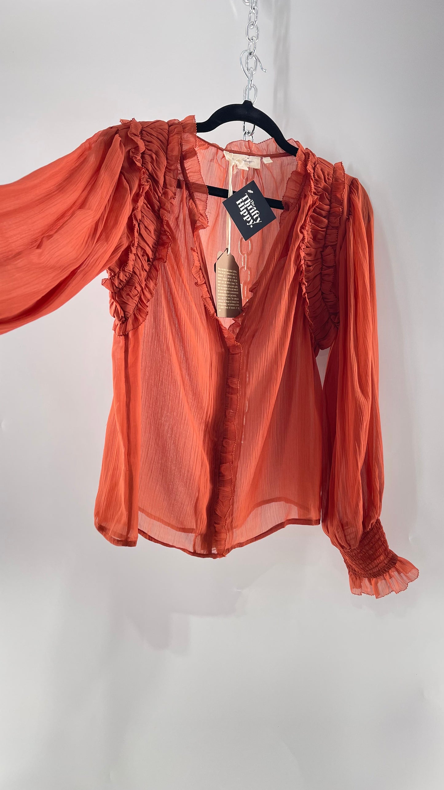 Forever That Girl Burnt Orange Shear Delicate Button Front Top with Pin Tuck Shoulder Detail and Balloon Smocked Sleeve (Medium)