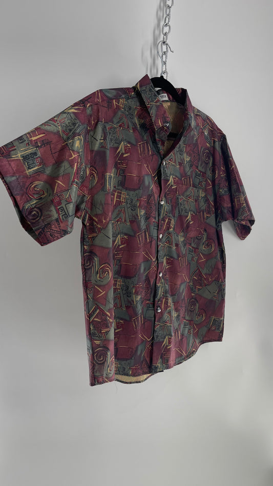 Vintage 1980s Thai Silk Burgundy Abstract Button Up (Medium)