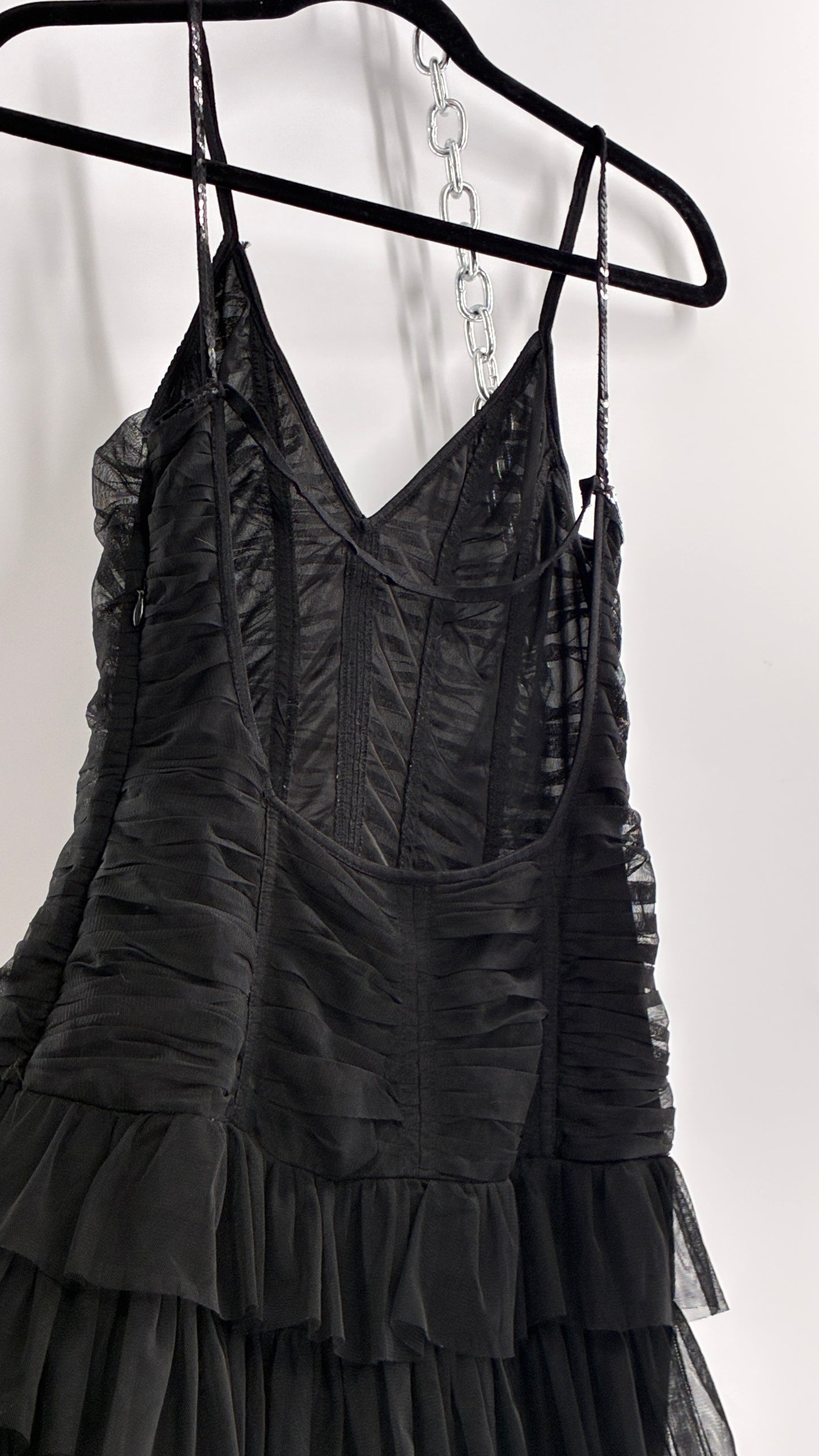 Vintage Black Ruffled Tulle Mini Dress with Low Open Back (8)