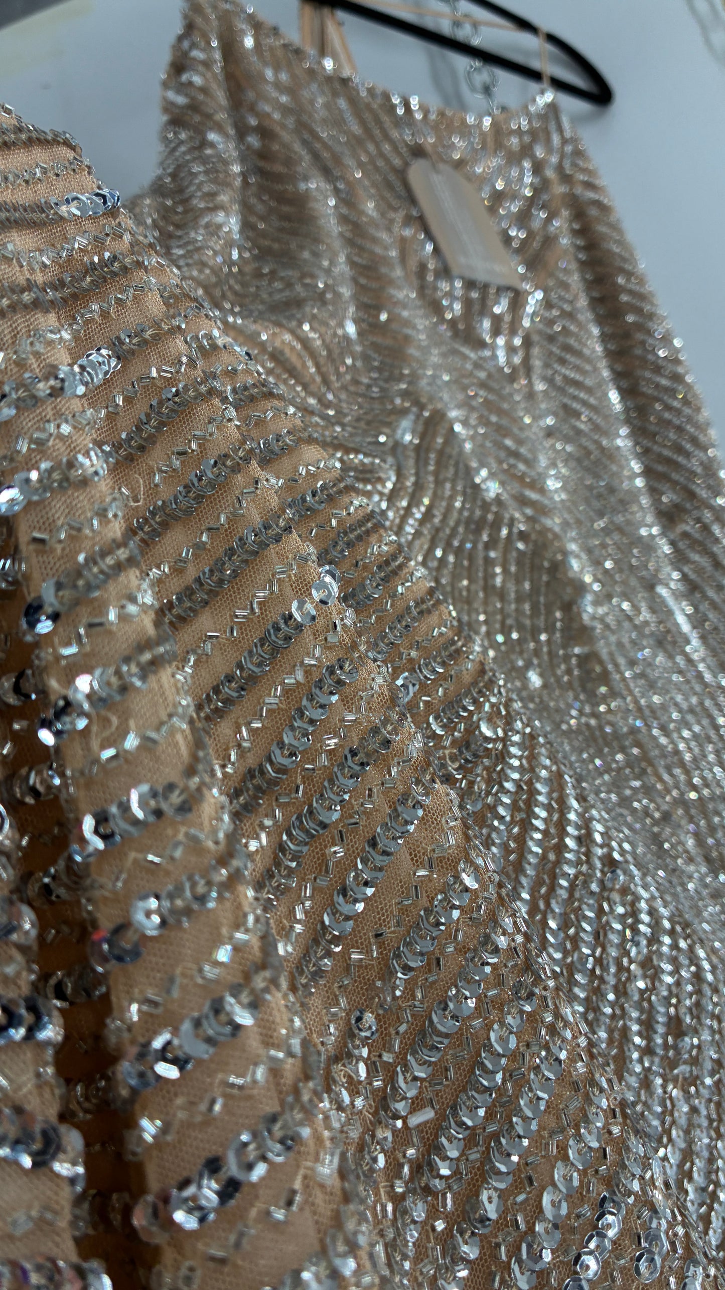 MESHKI Tierra Nude Full Length Dress with Silver Sequins with Tags Attached (XXXL)