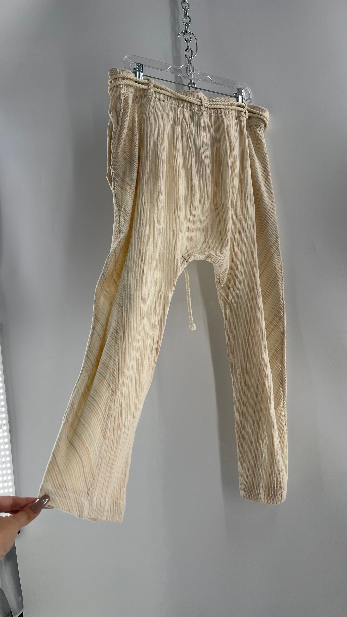 Free People Cream Striped Haram/Drop Crotch/Yoga Rope Belt Pants (XL) with Tags Attached