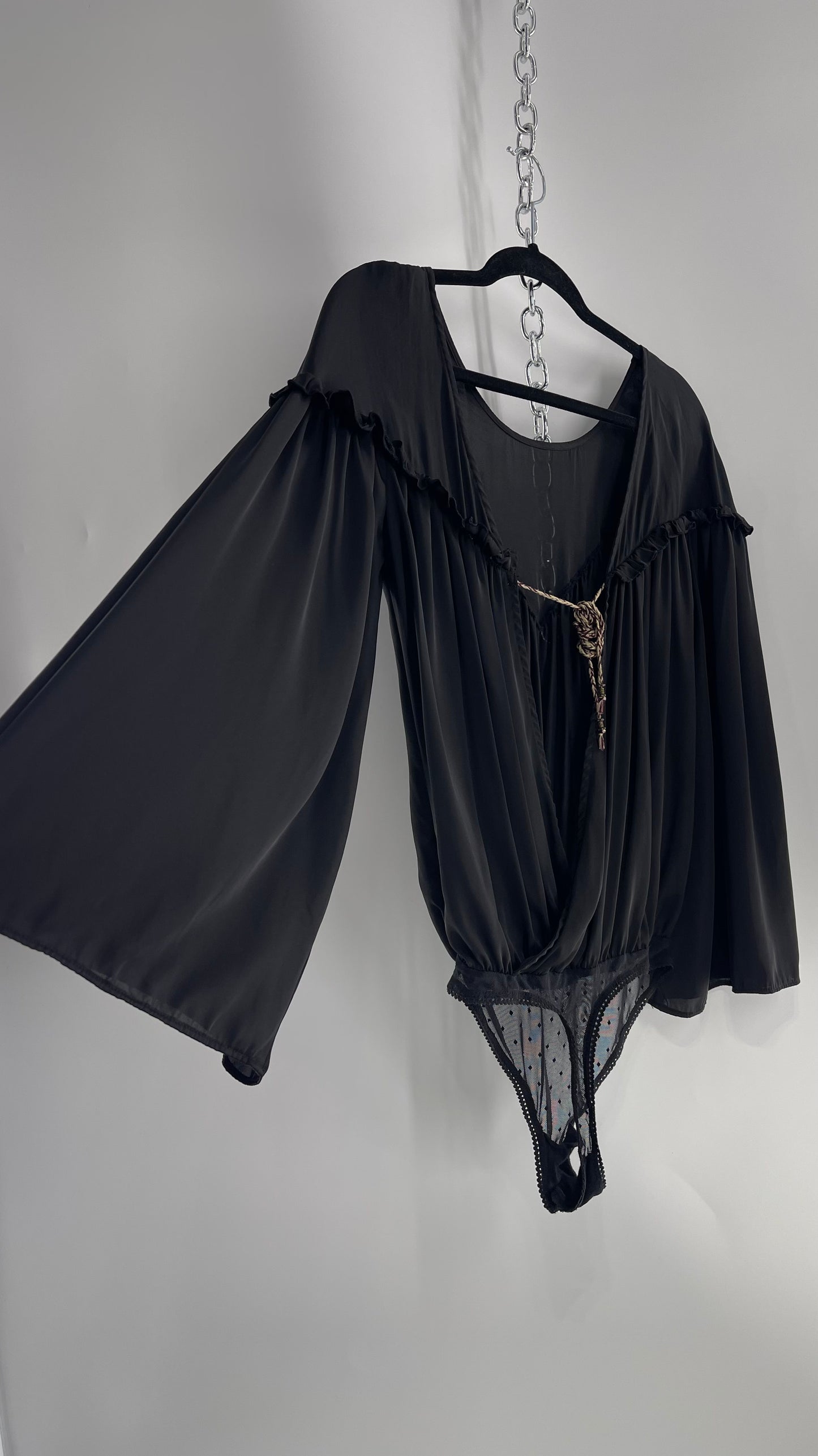 Free People Black Silky Ruffled Sweetheart Neckline Detail with Pleated Bodice and Open Back (XS)