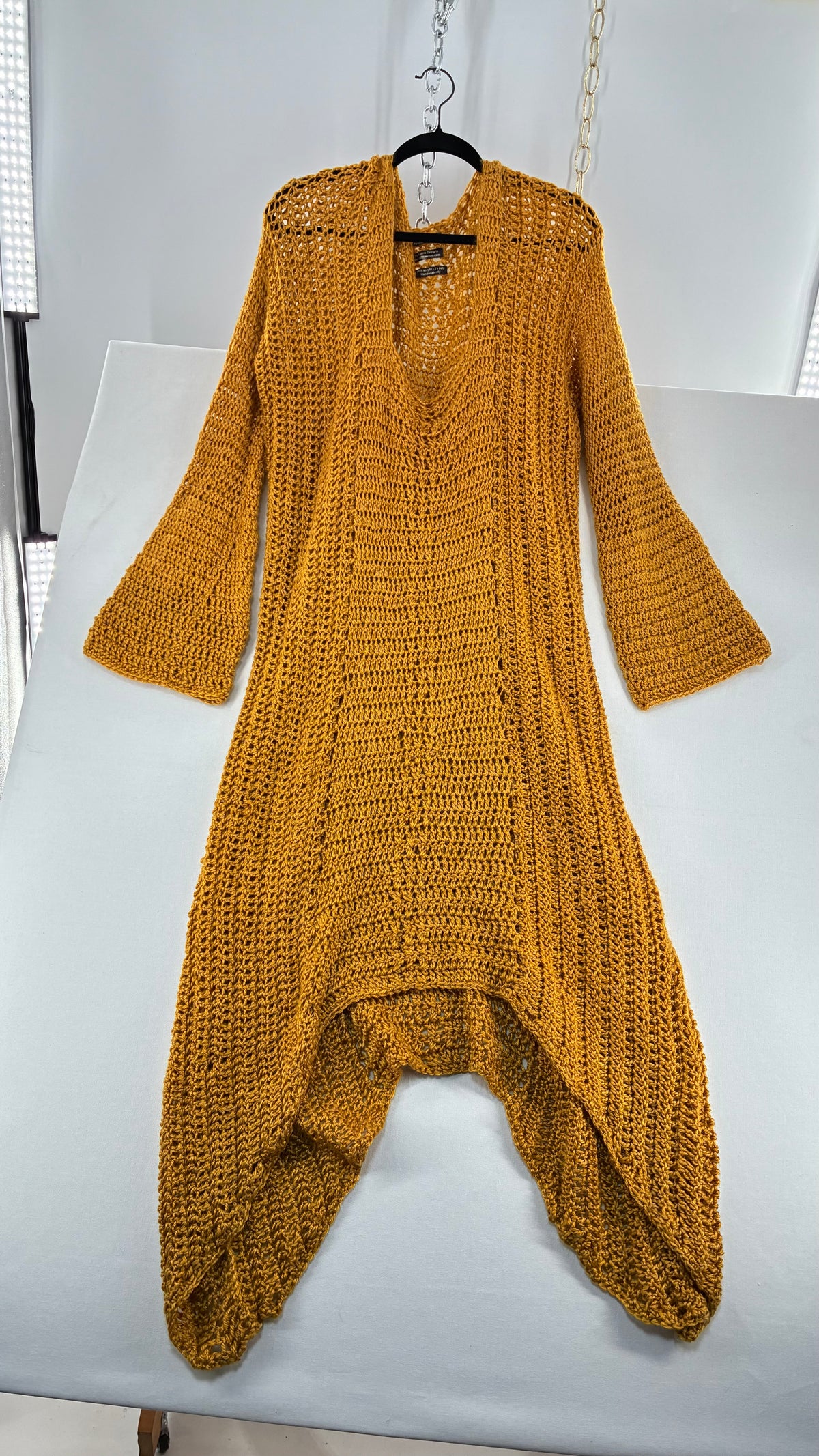 Vintage AUDRIE DESIGNS Mustard Crochet Bell Sleeve Duster Sweater Gown, Hand Knit  (OS)