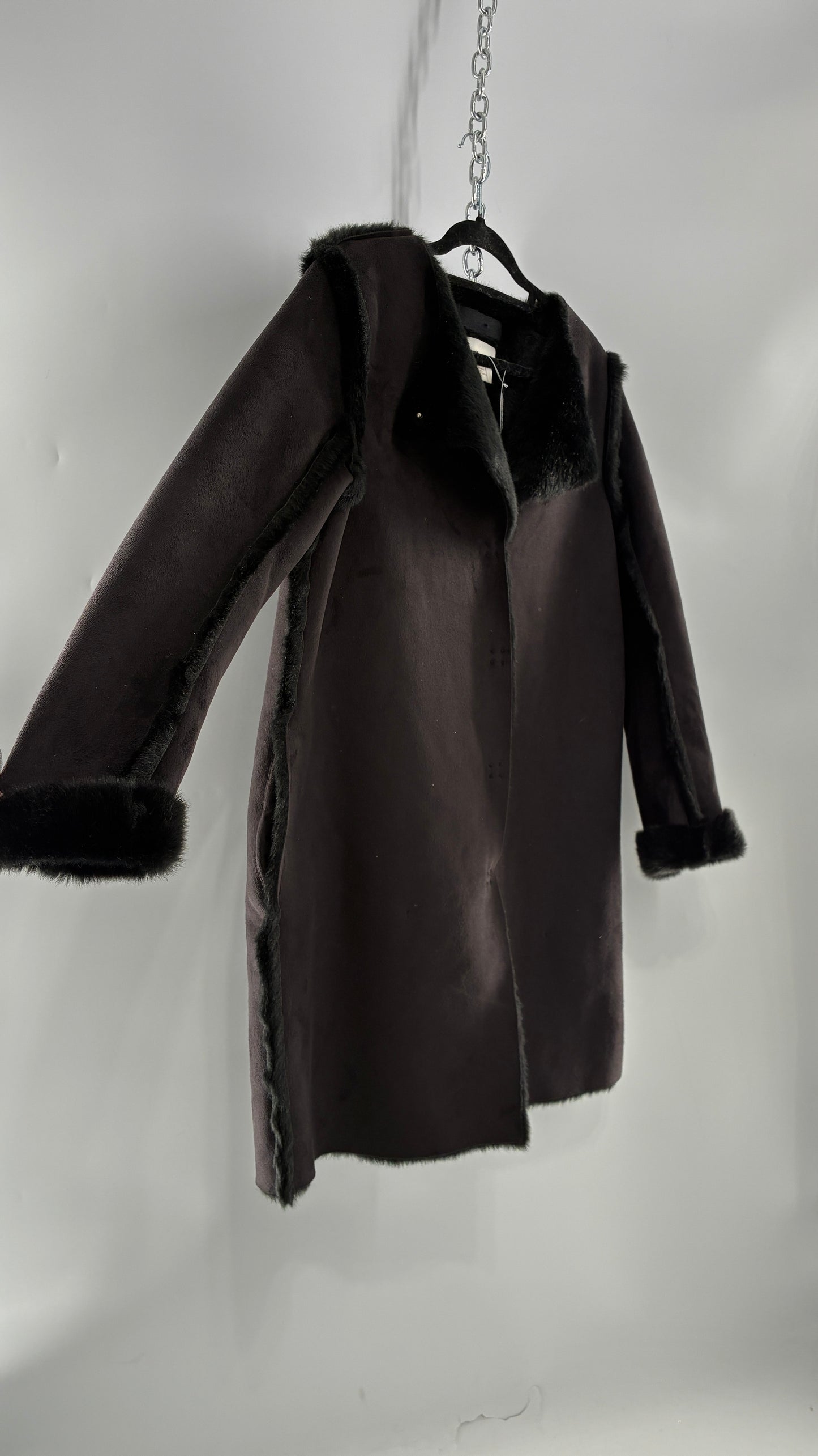 Vintage H&M Black Faux Suede Coat with Faux Fur Piping (12)