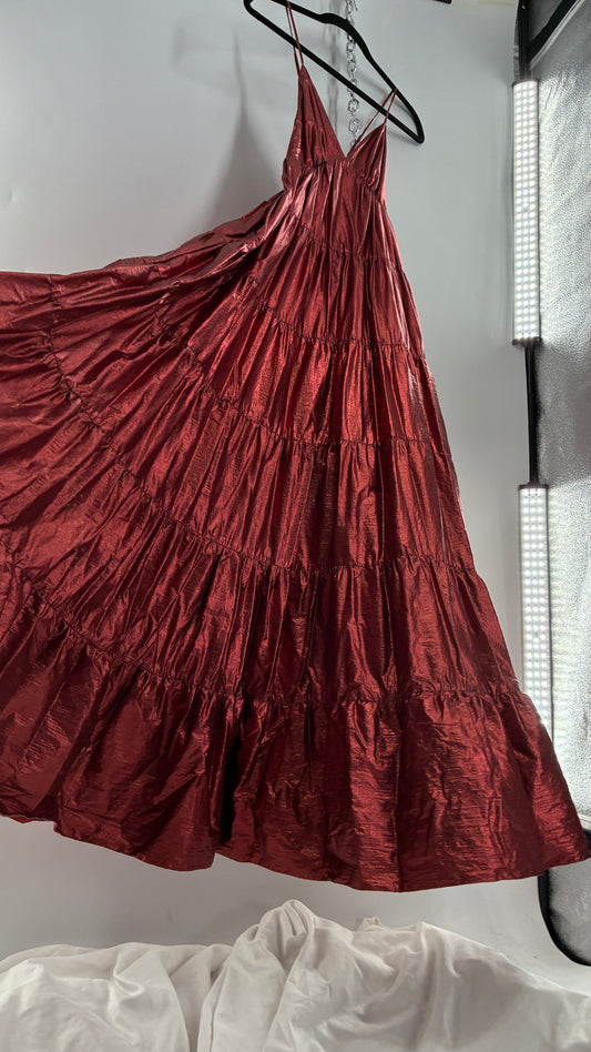 HUTCH Red Metallic Tiered Voluminous Maxi Gown (XS)
