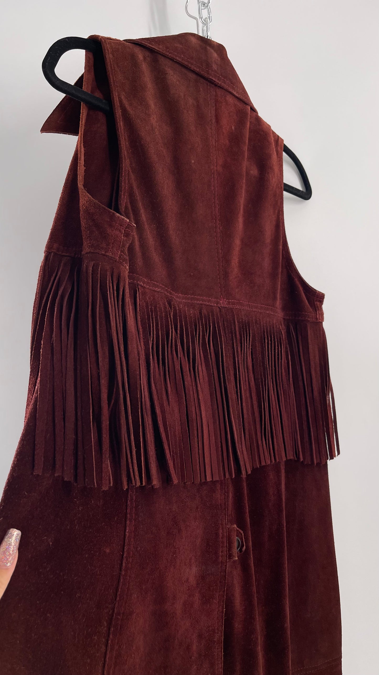 Vintage 1970s Suede Leather Full Length Reddish Brown Vest (S/M)