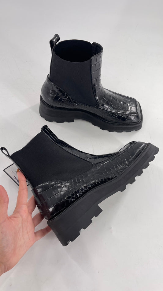 INTENTIONALLY Black Patent Crocodile Embossed Extreme Square Toe Boots (10)