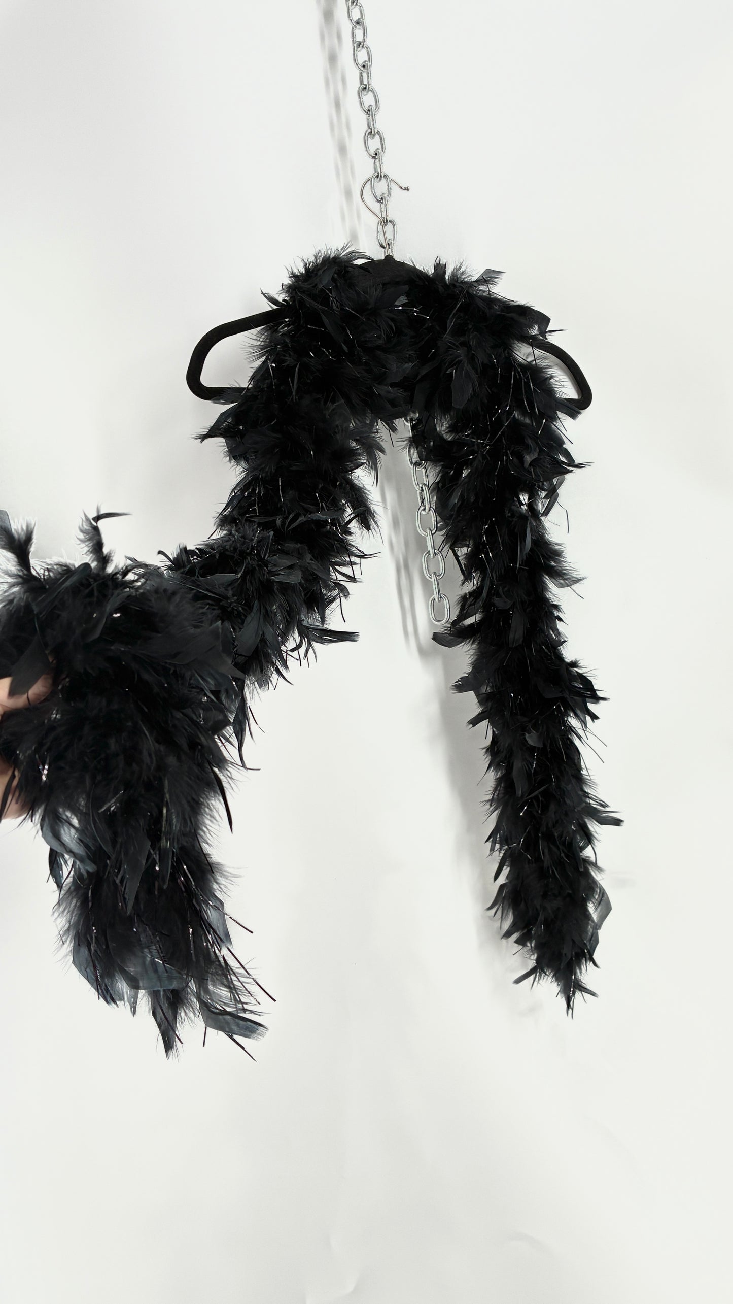Vintage Black Ostrich Feather Scarf with Silver Tinsel