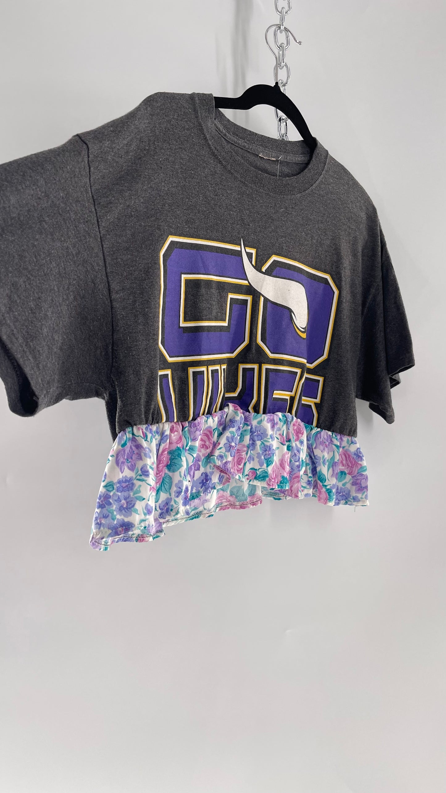 Urban Outfitters Reworked Go Vikings Sports T with Floral 80s Ruffle (M)