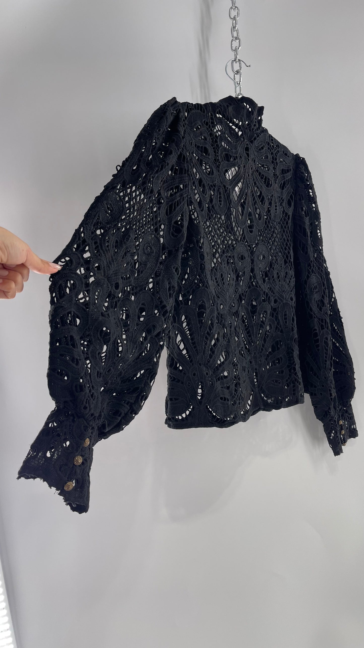 Anthropologie Black Heavy Thick Lace Blouse with Balloon Sleeves (Small)