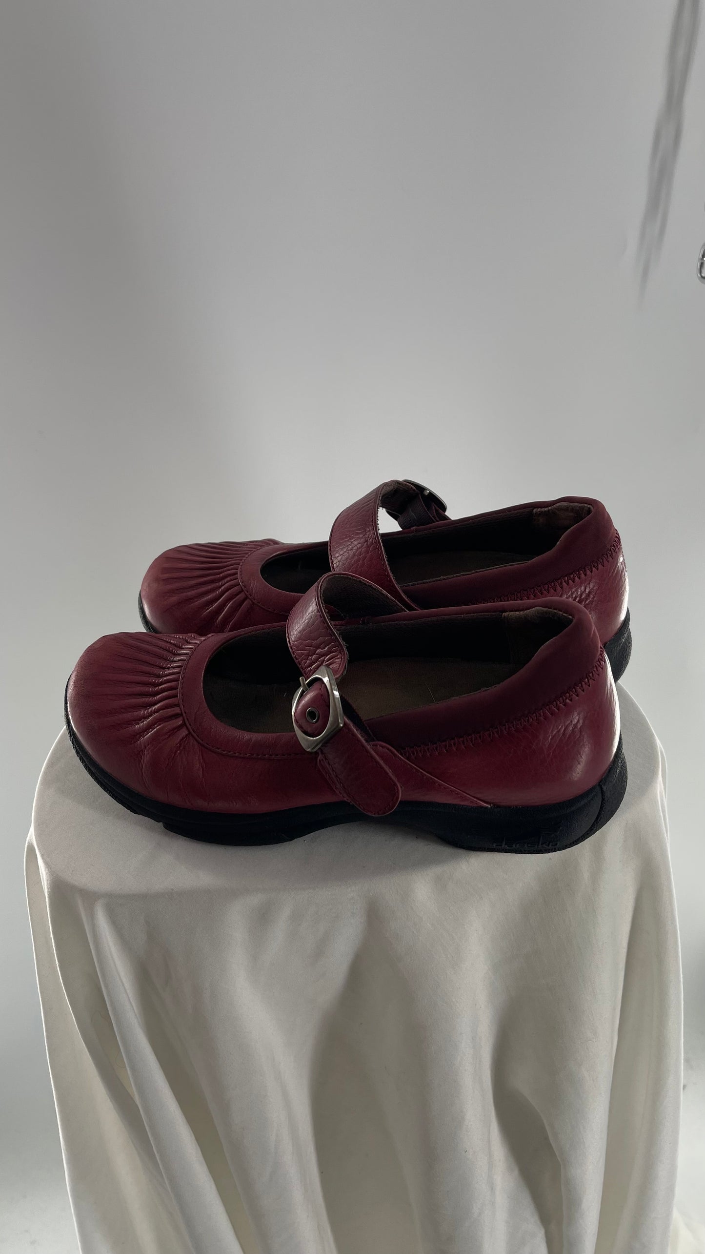 Vintage Red Leather Mary Janes with Pleated Front (38)