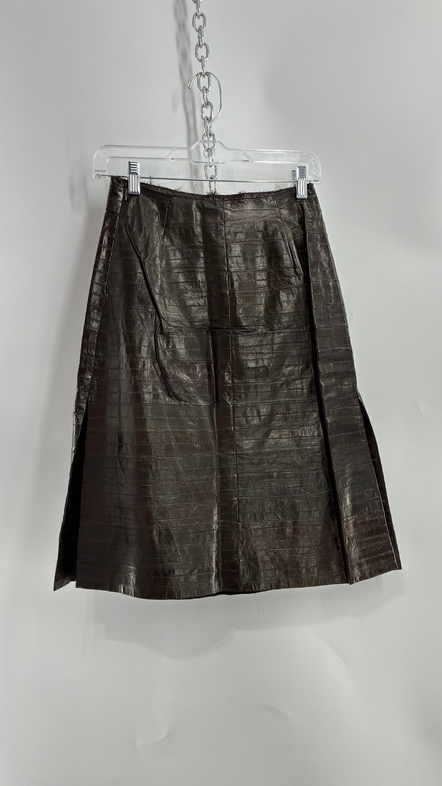 Vintage Handmade Pleated Dark Brown Genuine Leather Patchwork Skirt (XS)
