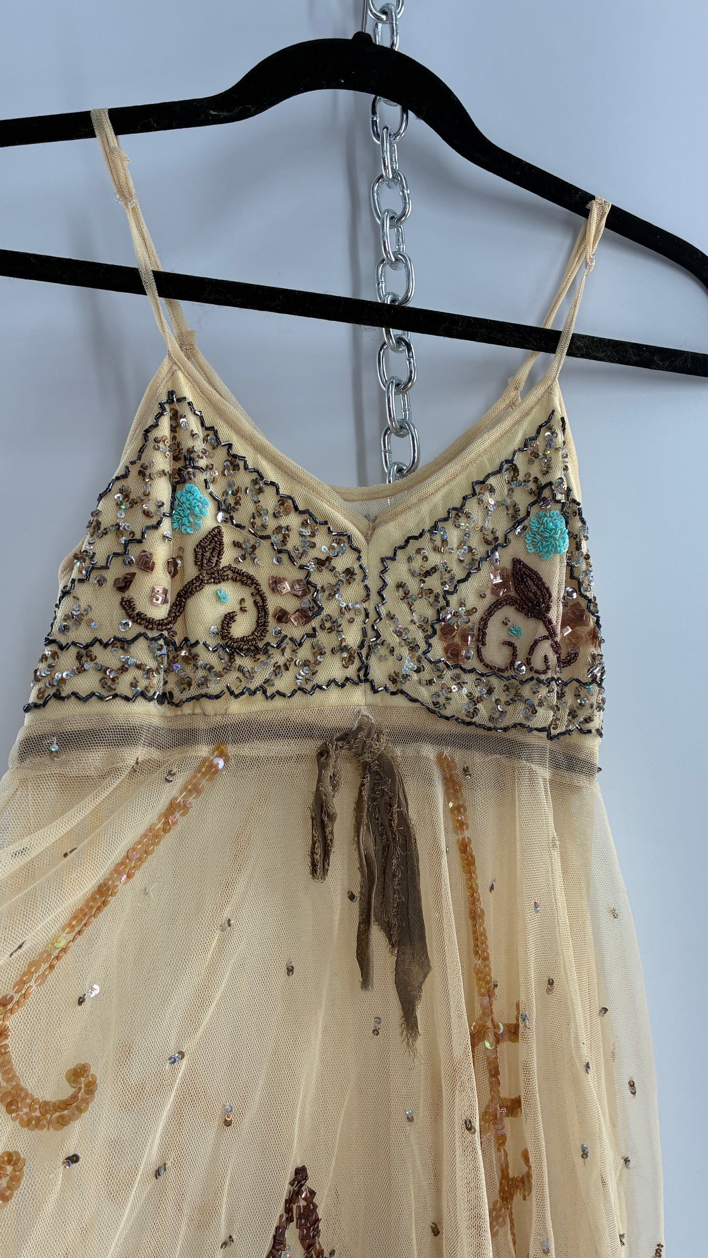 Handmade Beige Handkerchief Camisole with Hand Beaded Details (XS)