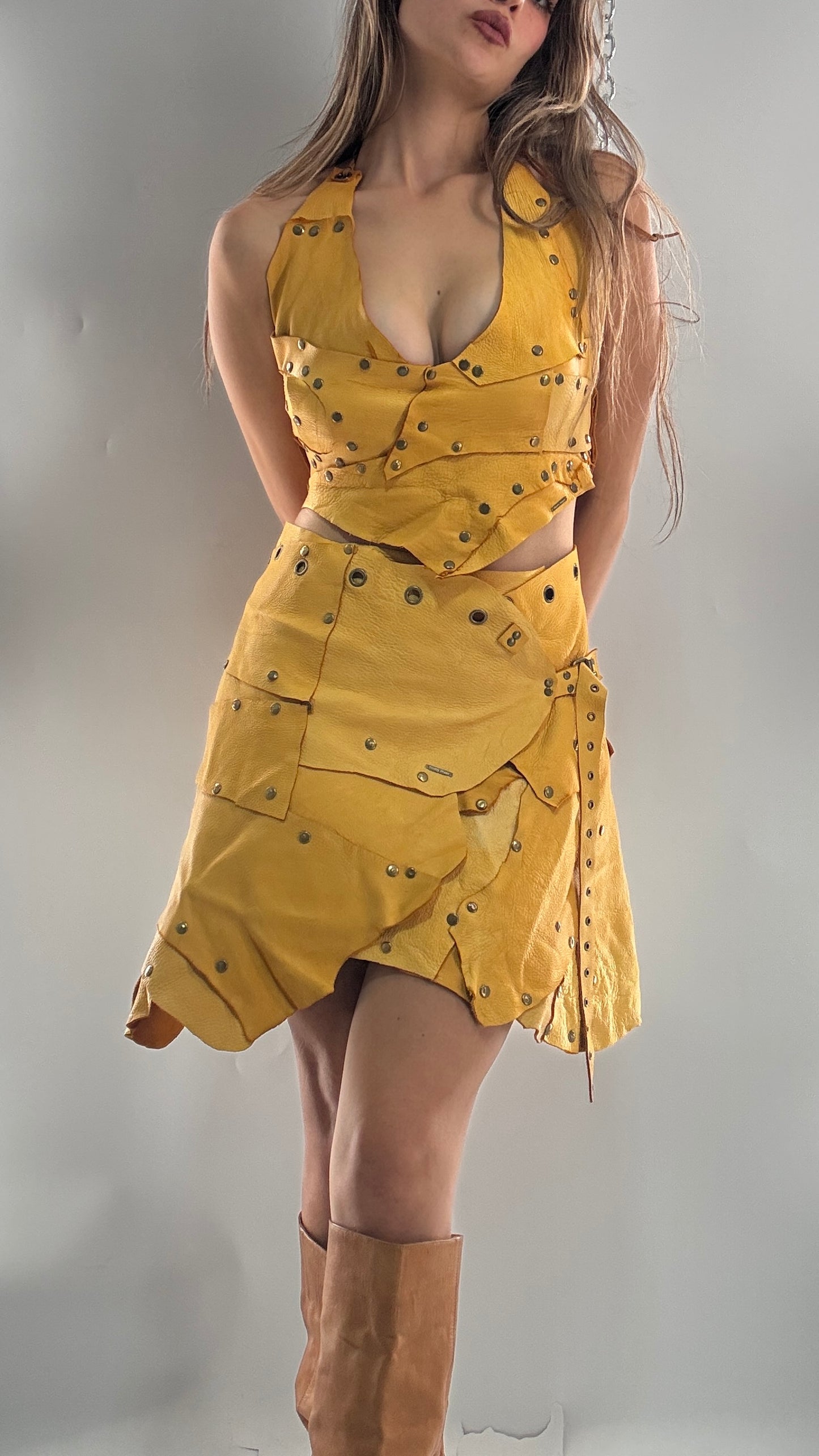 Handmade 1 of 1 and Pressed Genuine Suede and Pebbled Leather Reversible Corset Top and Grommet Skirt Set (XS-M)