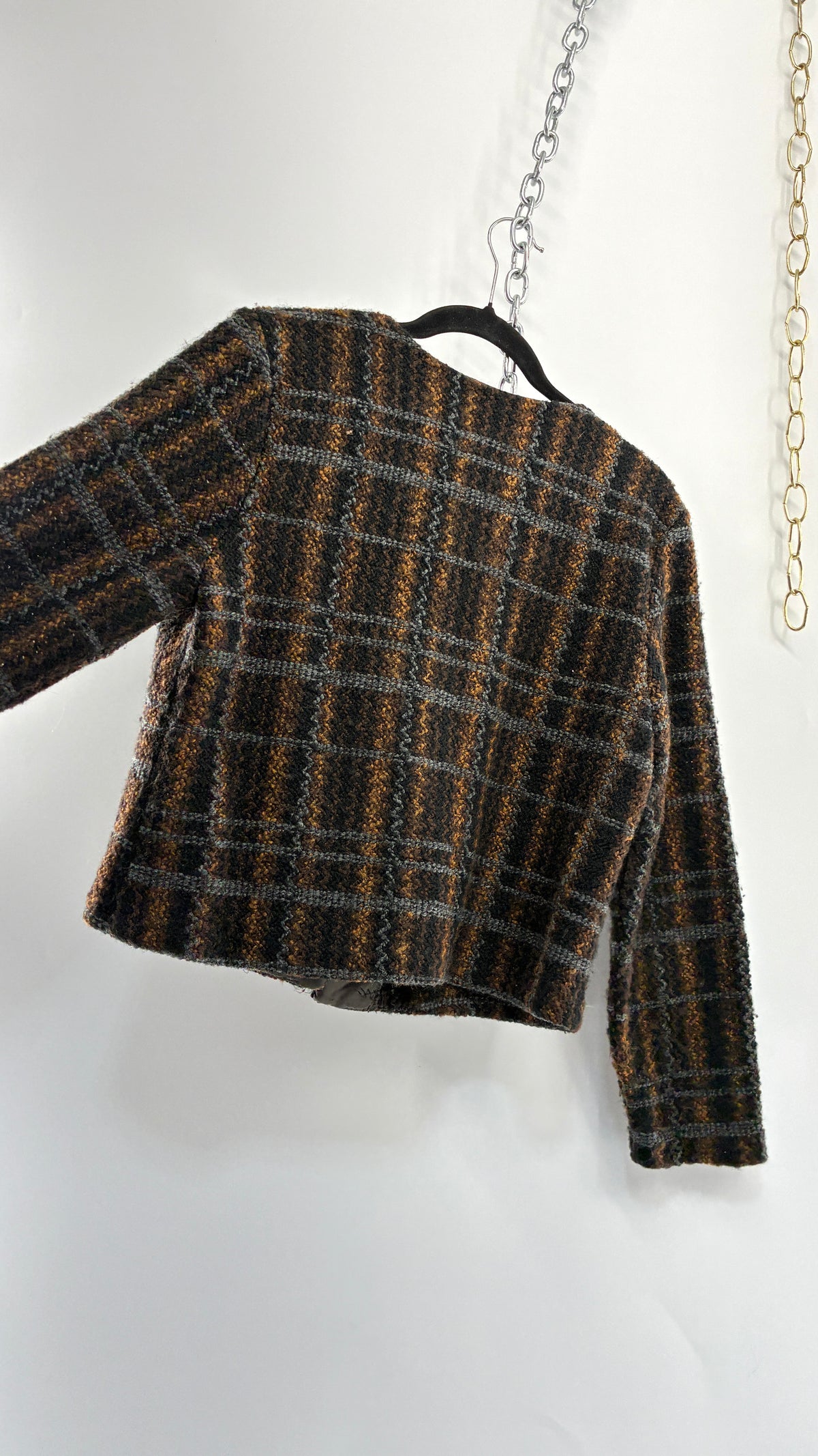 Vintage FIRST OPTION Plaid Knit Cardigan Jacket with Jewel Broche (Small)