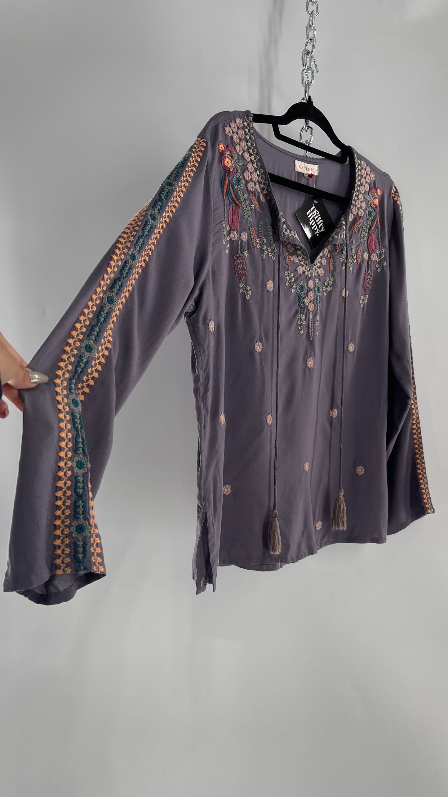 Anthropologie Solitaire Dusty Gray/Purple Embroidered Tunic Blouse (Medium)