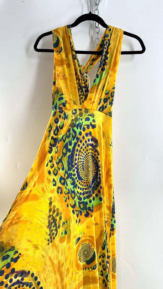 Vintage NARCISA LANG Lycra Full Length, Backless Yellow Dress with Graphic Pattern (XS/S)
