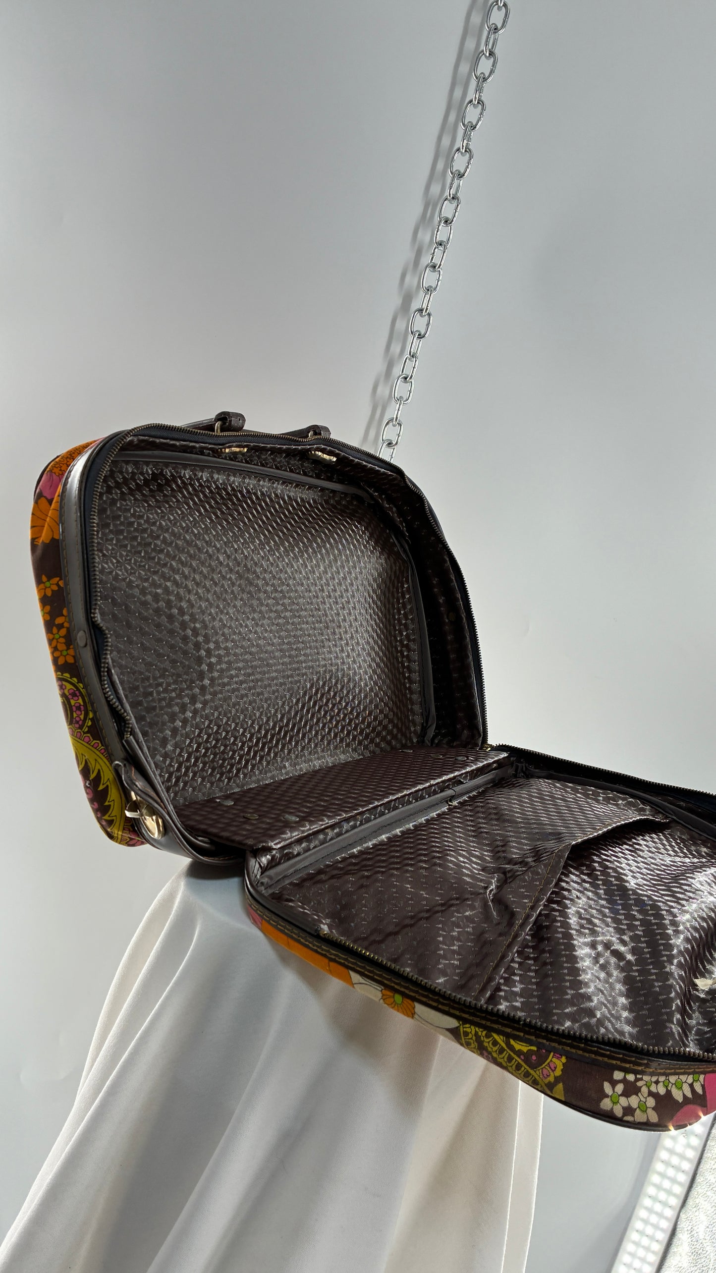 Vintage 1970s Brown Briefcase with Warm Tone Flowers