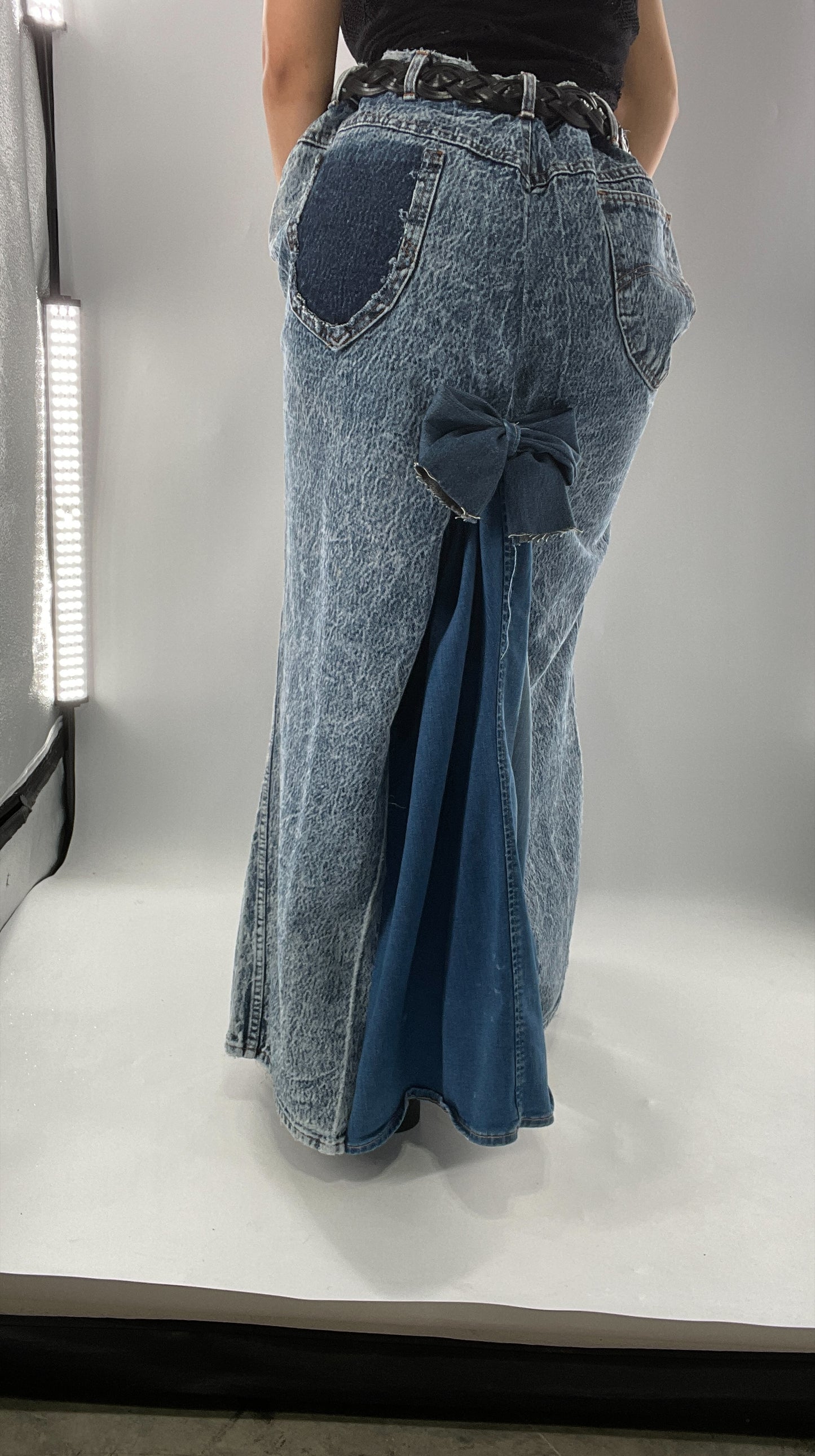 Custom Handmade Acid Wash Denim Slit Front Ruffled Skirt with Bow Bum (Large)