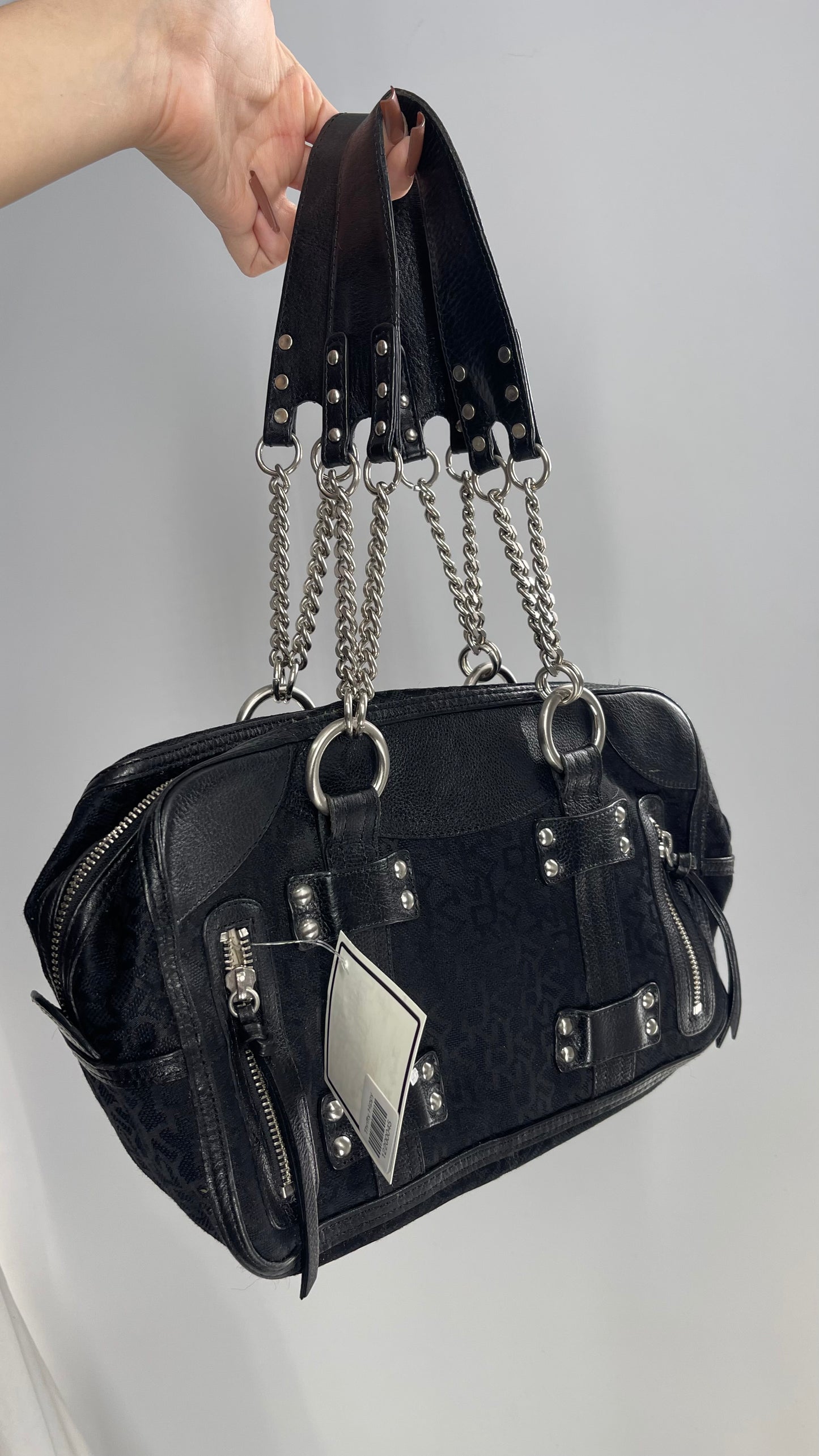 Vintage DKNY 1990s Black All Over Logo Bag with Leather and Chain Details