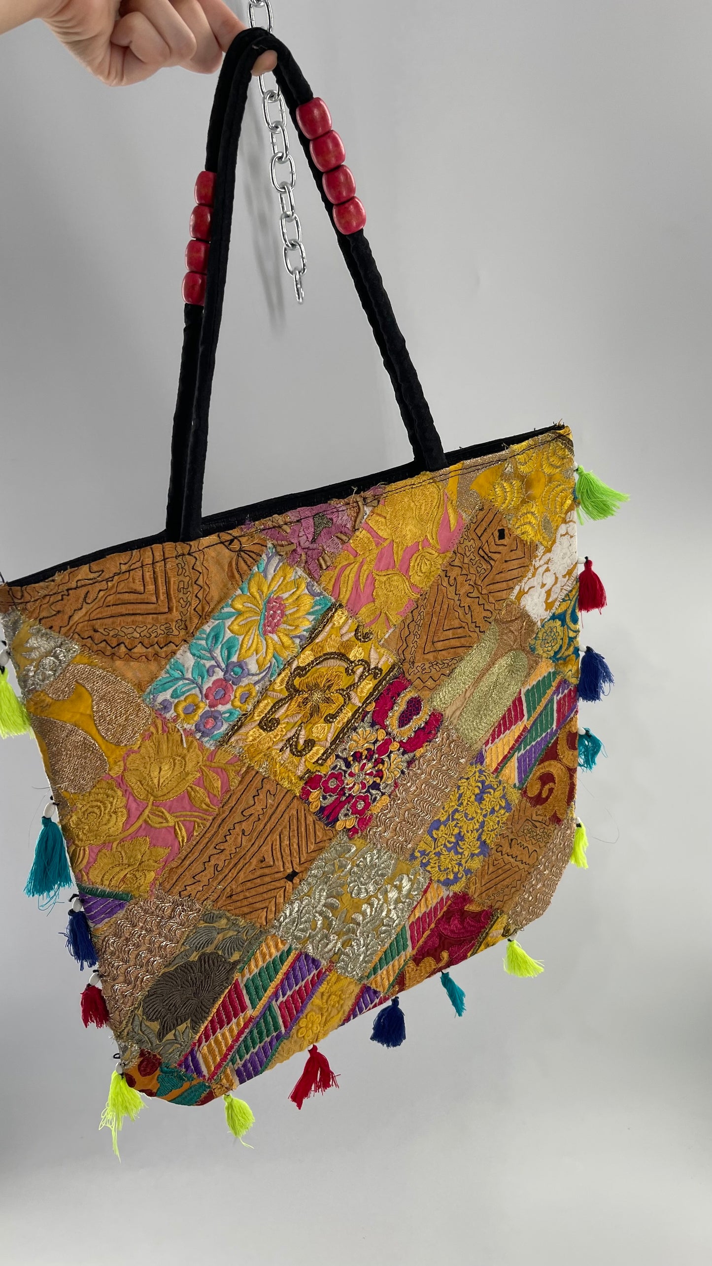 Imported Golden Yellow Patchwork Tote from Brazil with Tassel Detailing