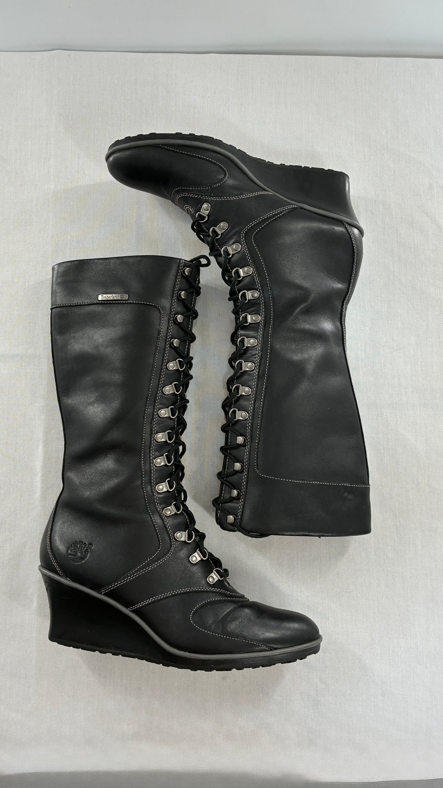 Vintage TIMBERLAND Black Genuine Leather Wedge Boots (10)
