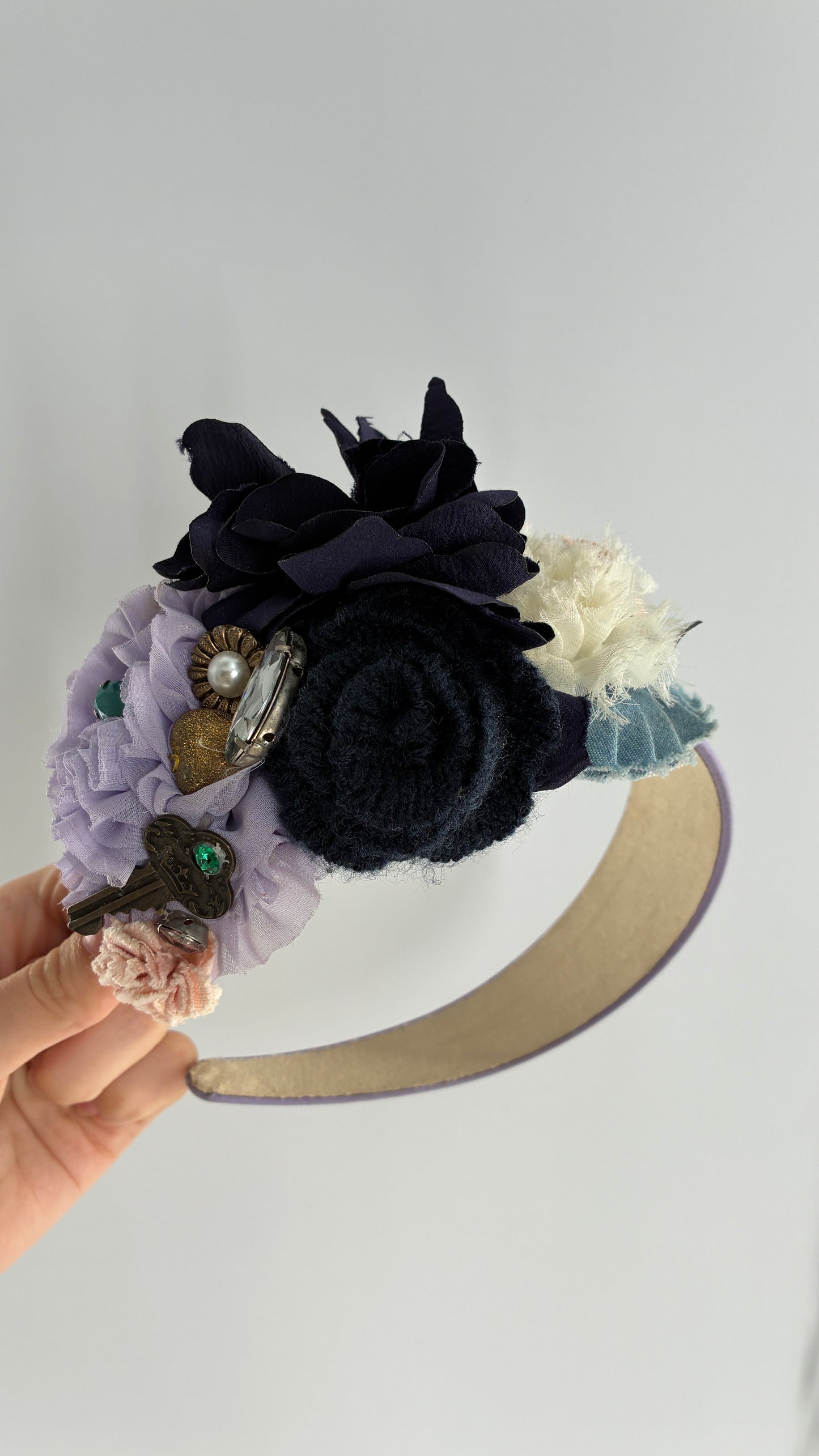 Vintage FARMER Handmade Lilac Headband with Purple Ribbon,  Pleated, Floral, and Gemstone Appliqués