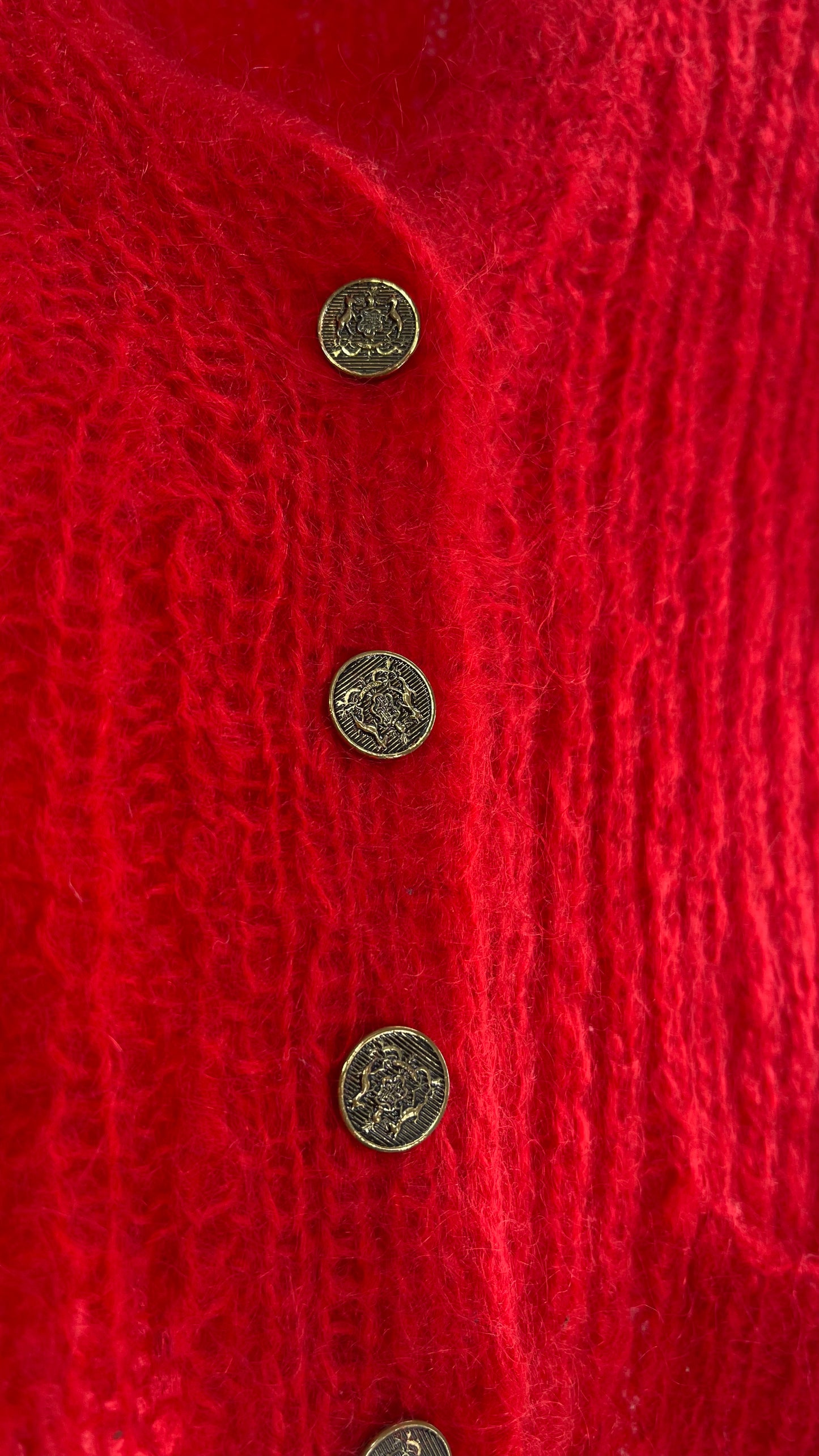 Saks Fifth Avenue Red Wool Knit Sweater with Embossed Bronze Buttons (M/L)